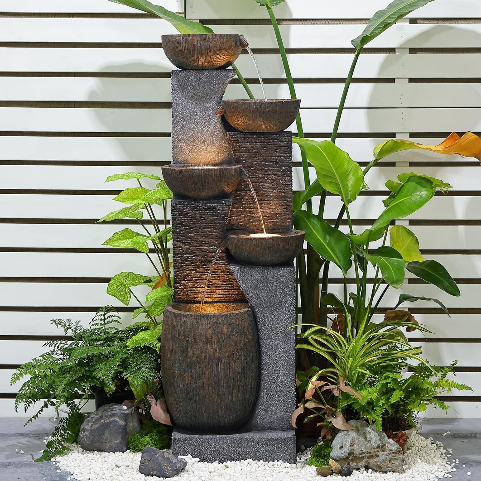 Bumilgar 2-Tier Bowl Water Fountain with LED Lights, 27.95" Tall Freestanding Outdoor & Indoor Garden Waterfall Fountain for Yard, Patio, Backyard, Floor Standing Home Decor