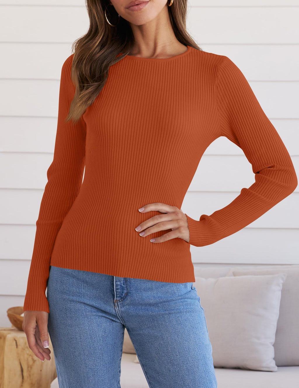 ZESICA Women's Long Sleeve Crewneck Shirts 2026 Spring Ribbed Knit Sweater Slim Fitted Casual Basic Tee Tops
