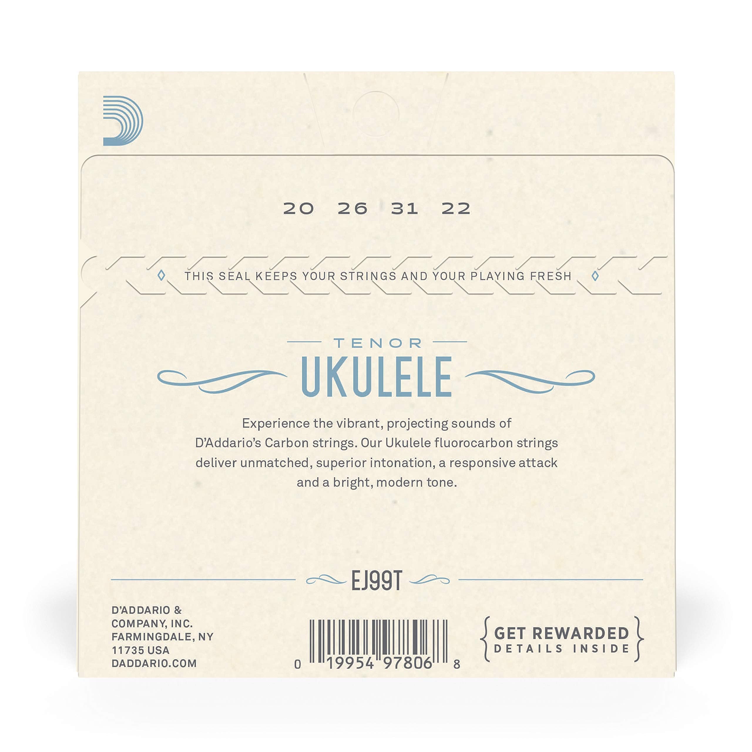 D'Addario Baritone Ukulele Strings, Fluorocarbon, EJ99B, 4-String Set, Pack of 1