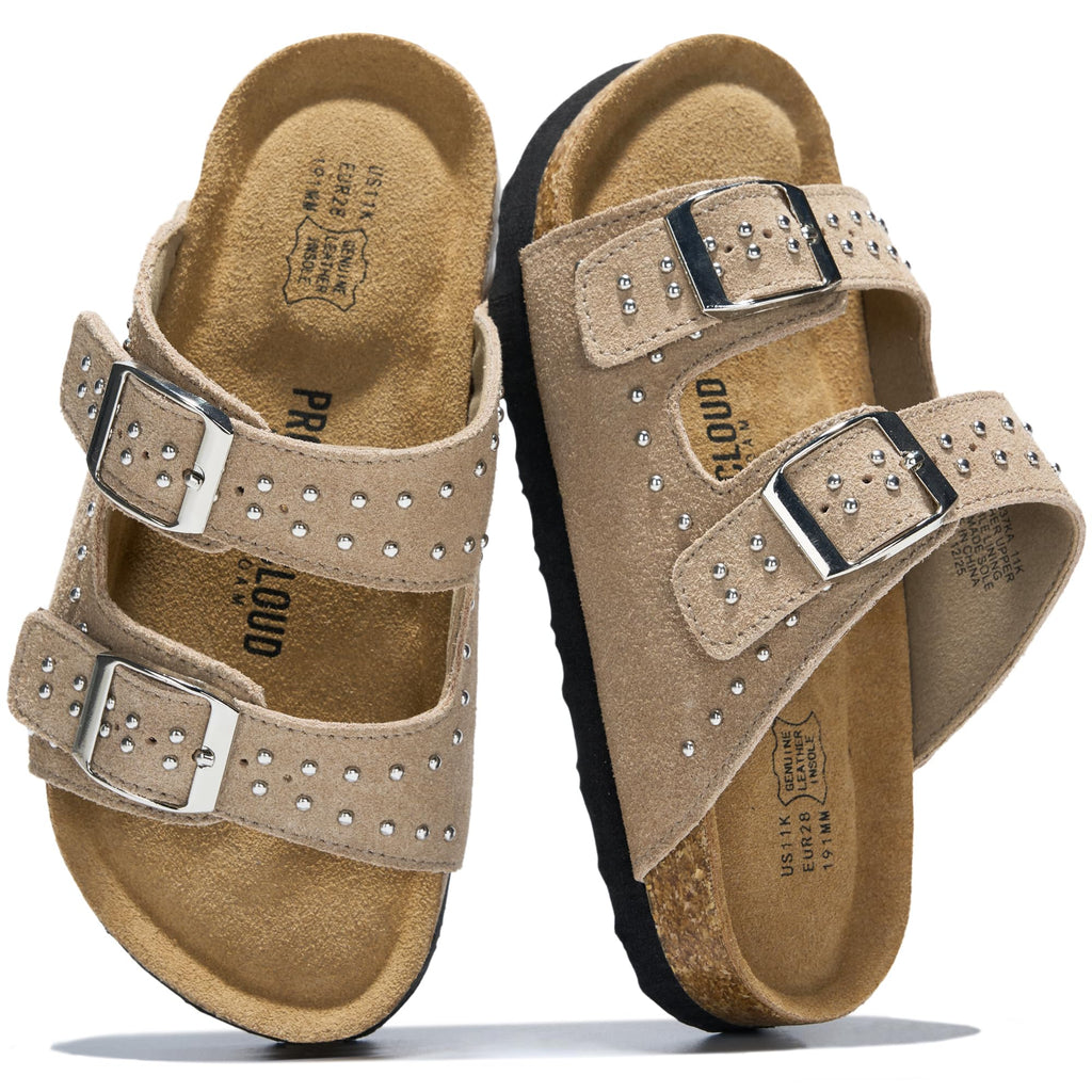 Project Cloud Kids Sandals 100% Genuine Leather - Natural Cork Footbed Non-Slip Slides for Kids - Lightweight Boys & Girls Sandals - Water-Resistant Girls & Boys Sandals