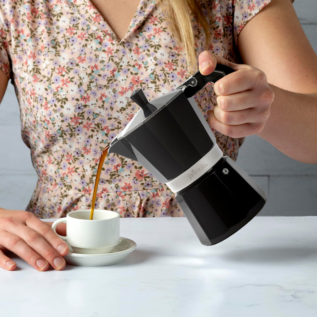 Primula Classic Moka Pot Stovetop Espresso and Coffee Maker, Italian and Cuban Cafetera for Rich Espresso Brewing, Durable Aluminum Greca Coffee Maker with Easy Grip Handle, 6-Cup, Black