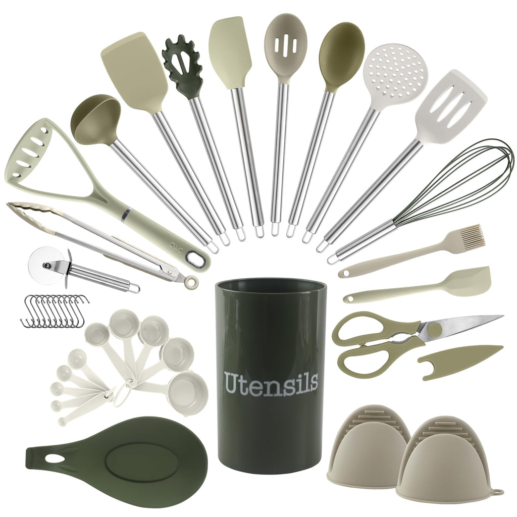 COOK WITH COLOR Silicone Cooking Utensils, Kitchen Utensil Set, Easy to Clean Silicone Kitchen Utensils, Cooking Utensils for Nonstick Cookware, Kitchen Gadgets Set with Holder, 10 Pieces