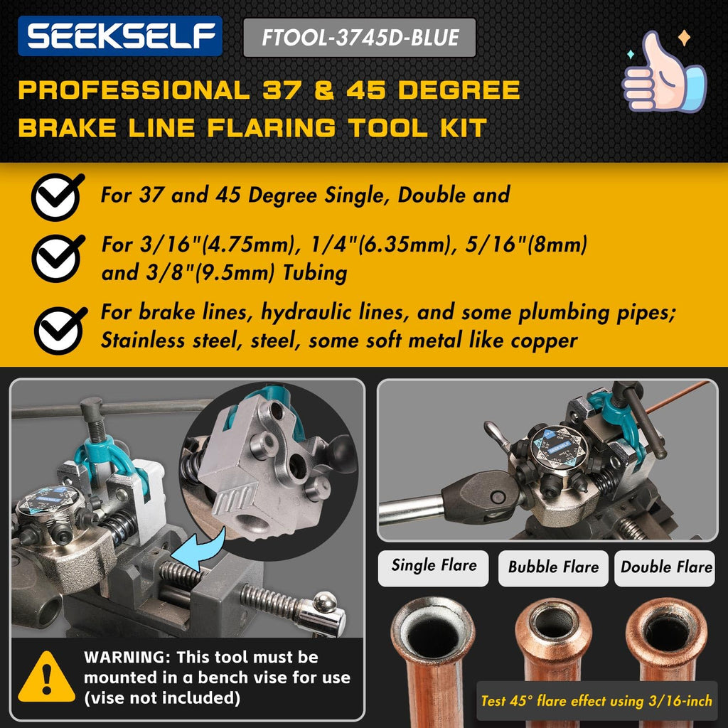 Professional Brake Line Flaring Tool Kit for 45 Degree Single, Double and Bubble Flares, 3/16", 1/4", 5/16", 3/8" and 4.75mm Steel Copper Metal Tubing, Black