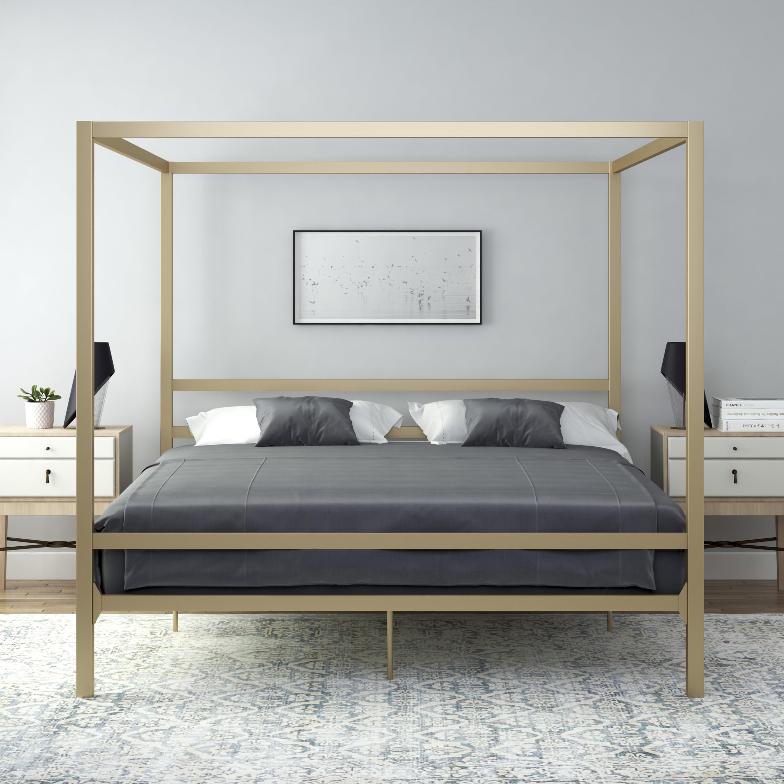 DHP King Metal Canopy Bed, Modern Design with Built-In Headboard, Sturdy Frame, No Box Spring Needed, Gunmetal Gray