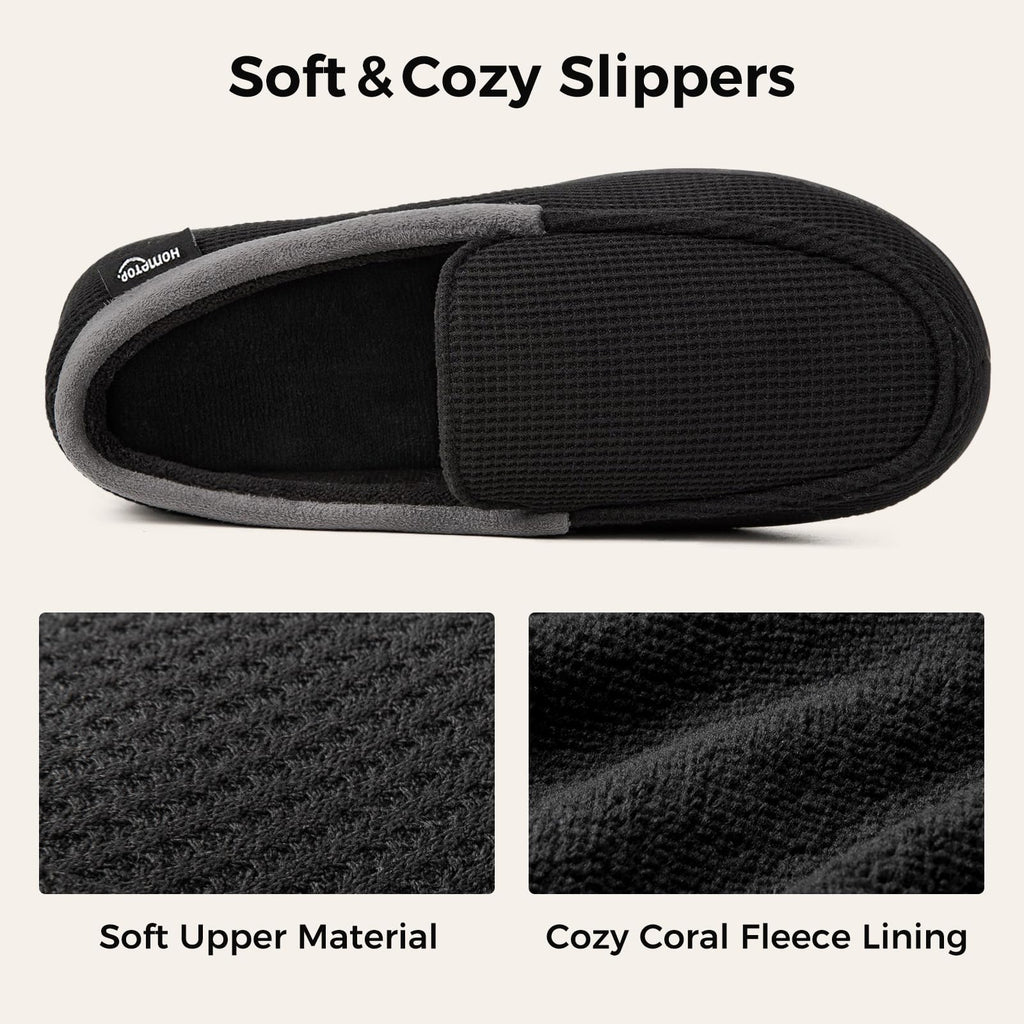 HomeTop Men's Comfort Memory Foam Moccasin Slippers, Breathable Cotton Knit Terry Cloth House Shoes for Indoor Outdoor