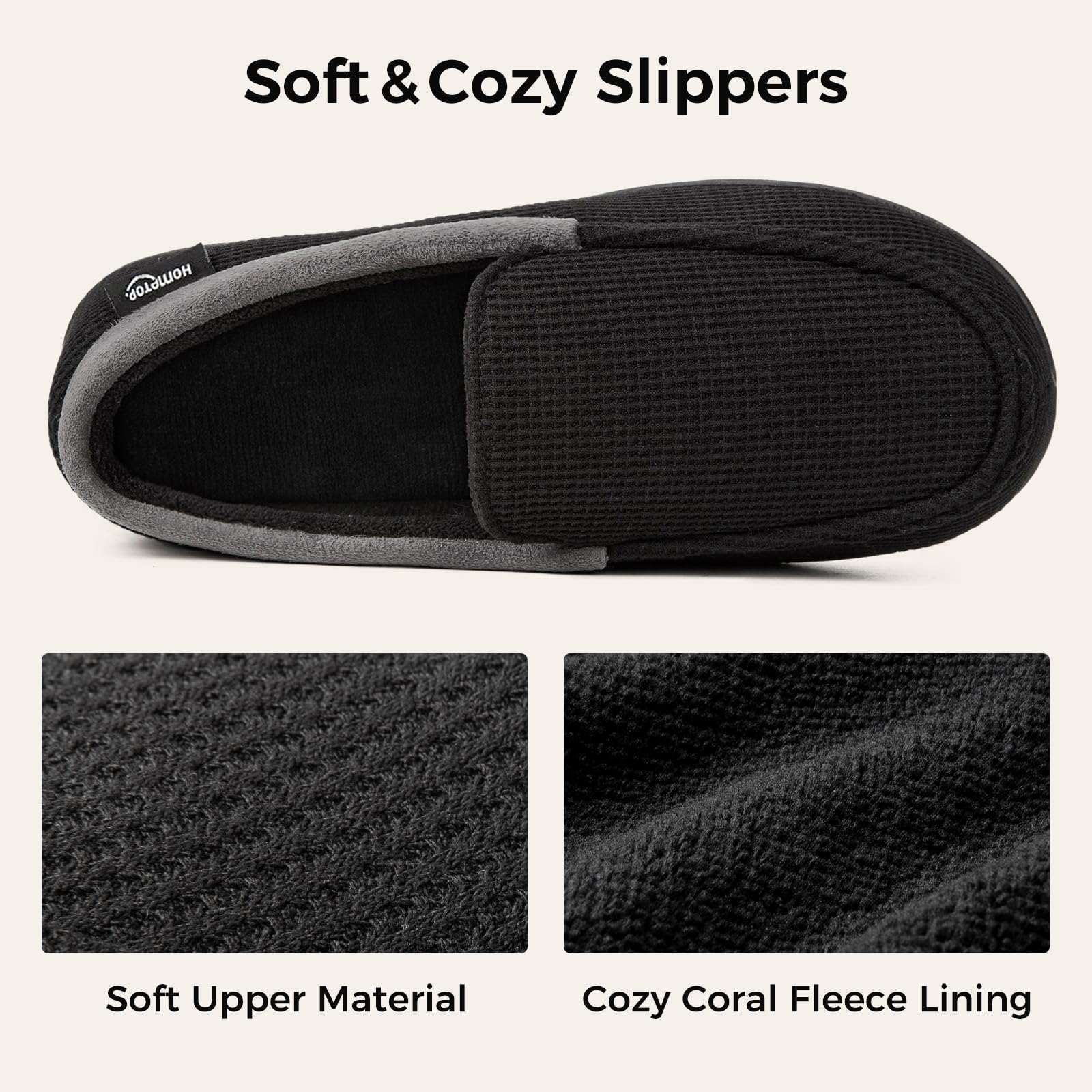 HomeTop Men's Comfort Memory Foam Moccasin Slippers, Breathable Cotton Knit Terry Cloth House Shoes for Indoor Outdoor