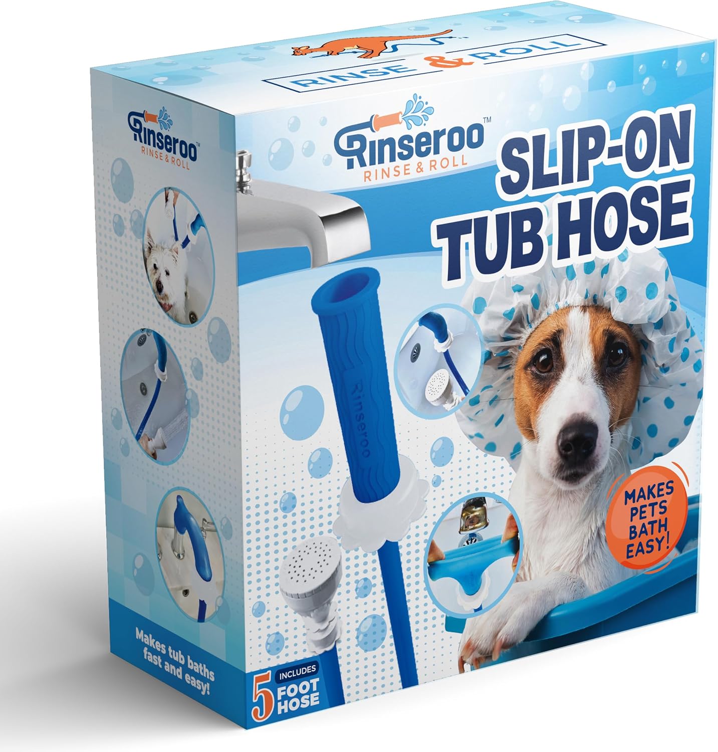 Rinseroo Slip-On Bathtub Faucet Sprayer Attachment. Ultra-Flex Dog Shower Hose Adapter Portable Hose Attachment with Sprayer Pet Showerhead Attach Tub Spout 5 Foot Hose. No Install for Speedy Washing