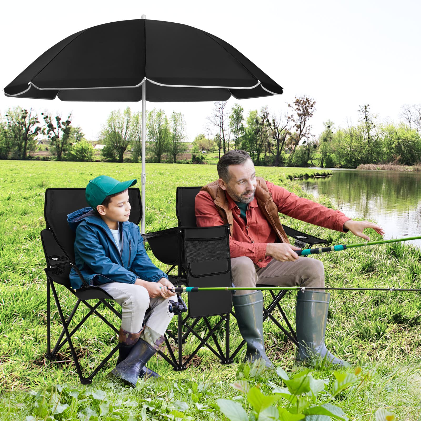 COSTWAY Double Portable Picnic Chairs, Folding Camping Chairs w/Detachable Umbrella, Cooler Bag, Cup Holders, Patio Beach Camping Chairs for Outdoors