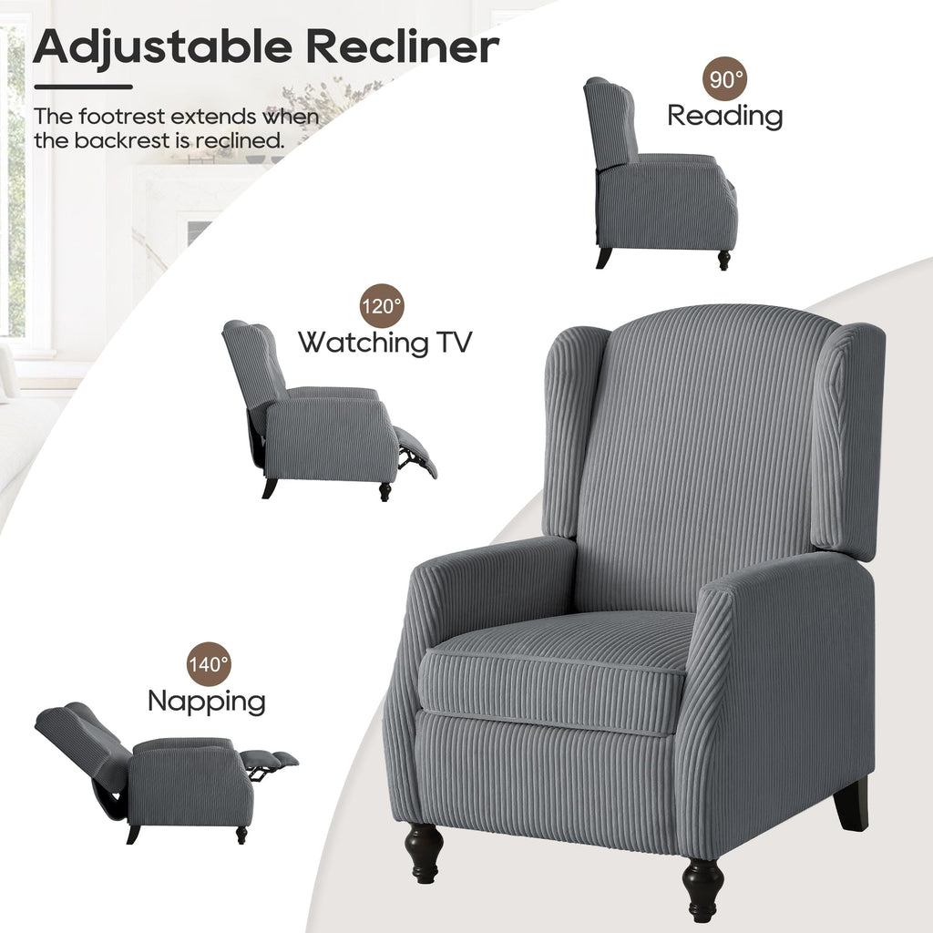 Wingback Chair with Massage and Heat, Tufted Fabric Pushback Recliner Chair, Wingback Recliner Chair with Remote Control, Padded Cushion, Wooden Legs, Small Recliners for Small Spaces