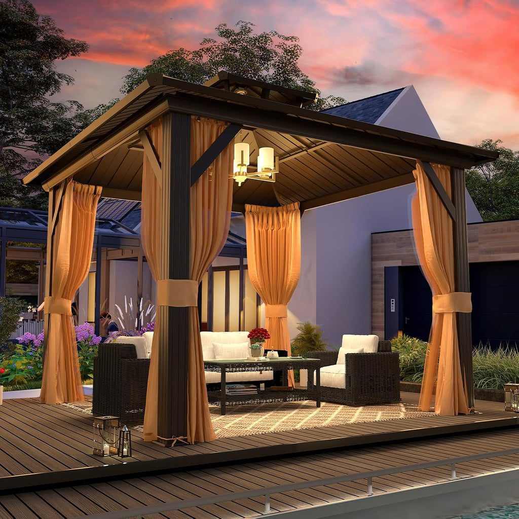 MELLCOM 10'x10' Hardtop Gazebo, Metal Double Roof Aluminum Gazebos with Curtain and Netting,Brown Permanent Galvanized Steel Pavilion for Patio, Lawn & Deck