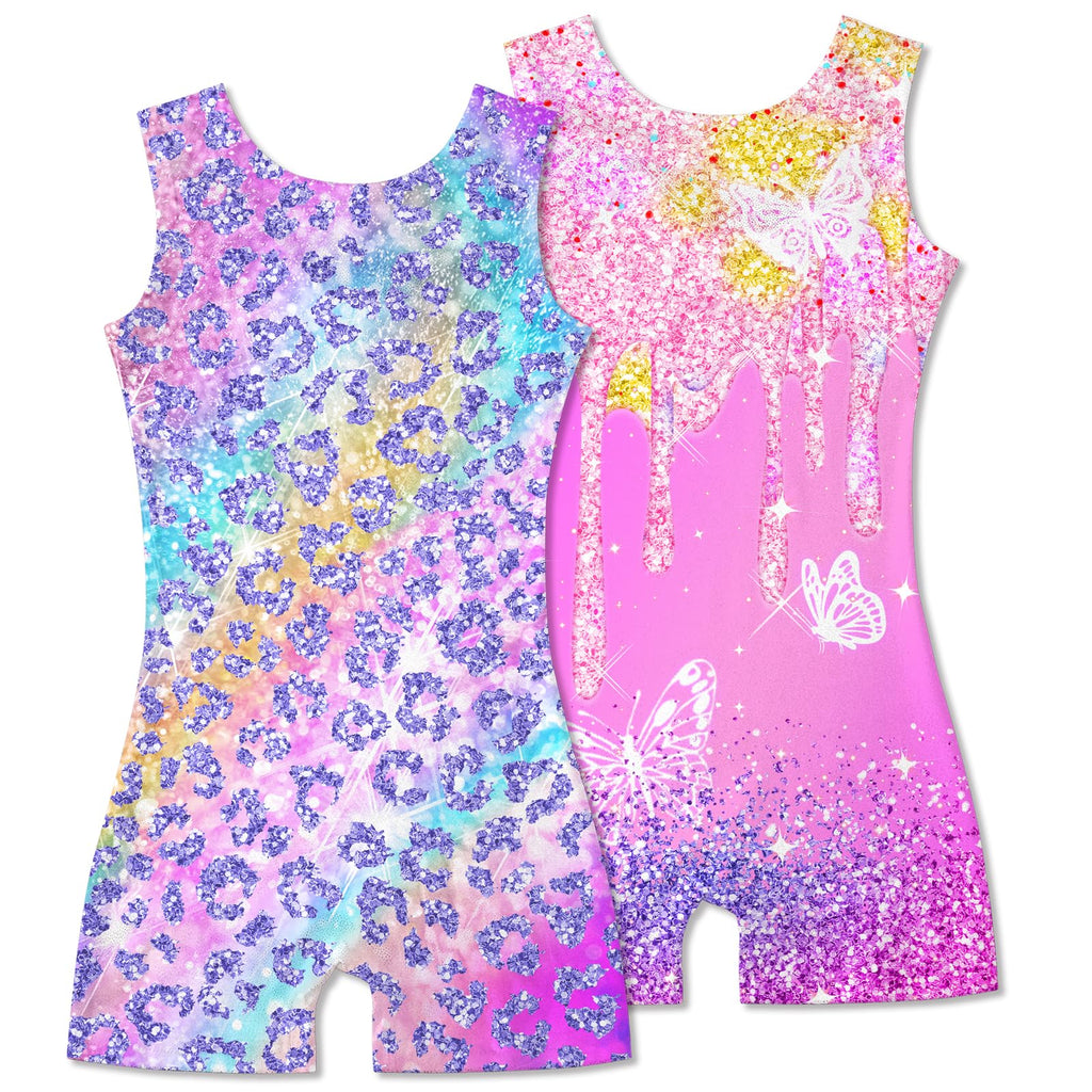 2 Packs Gymnastics Leotards for Girls Mermaid Leopard Dance Leotard Kids Biketard with Shorts