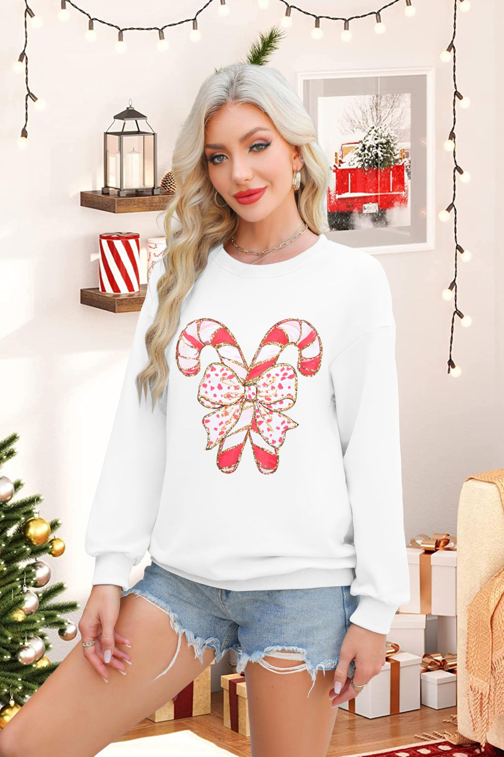 Christmas Sweatshirts Women Candy Canes Graphic Sweatshirt Vintage Xmas Long Sleeve Shirt Pullover Tops