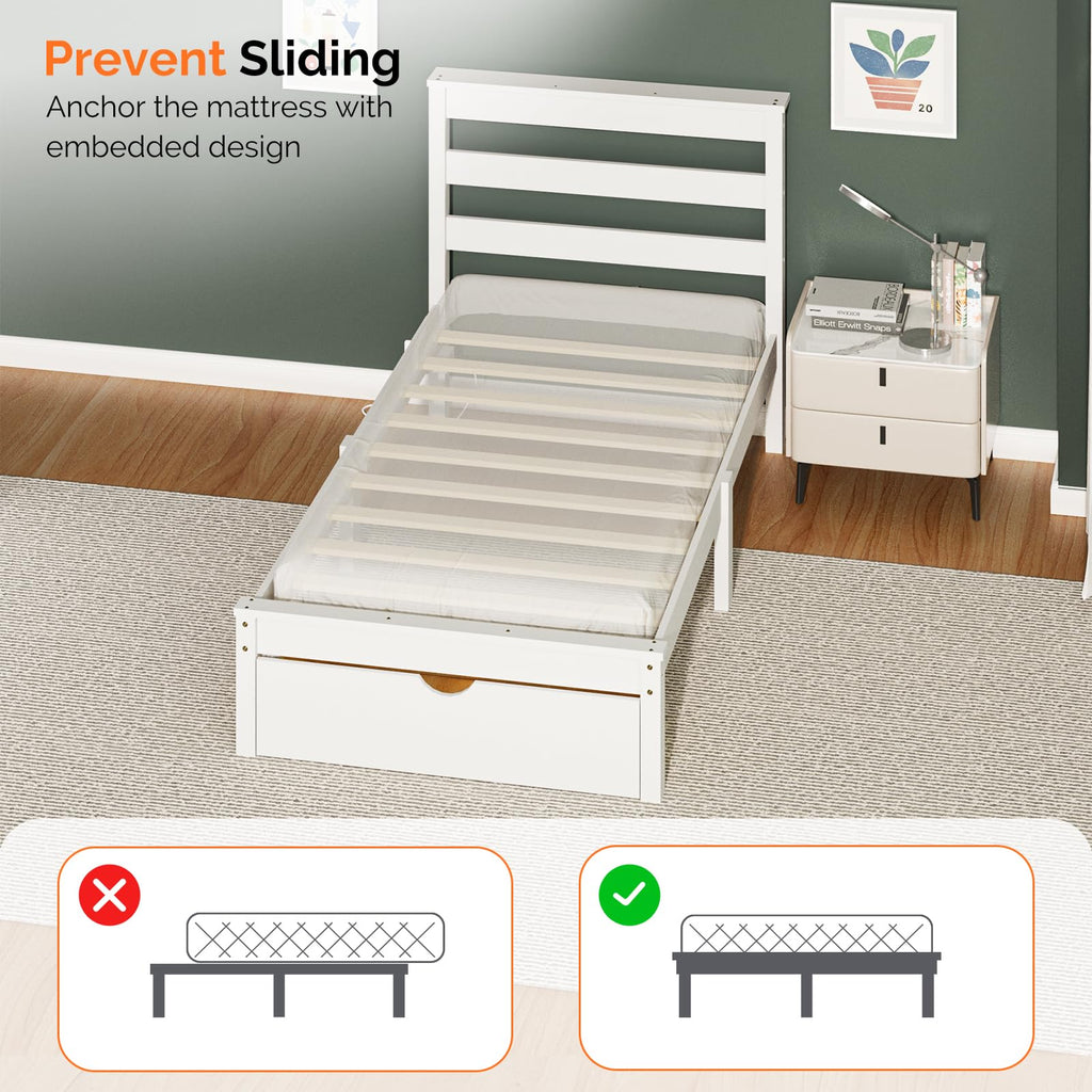 Bonnlo Twin Size Solid Wood Platform Bed Frame, Single Bed with Headboard, No Box Spring Needed Panel Bed, Wood Slat Support Mattress Foundation, White