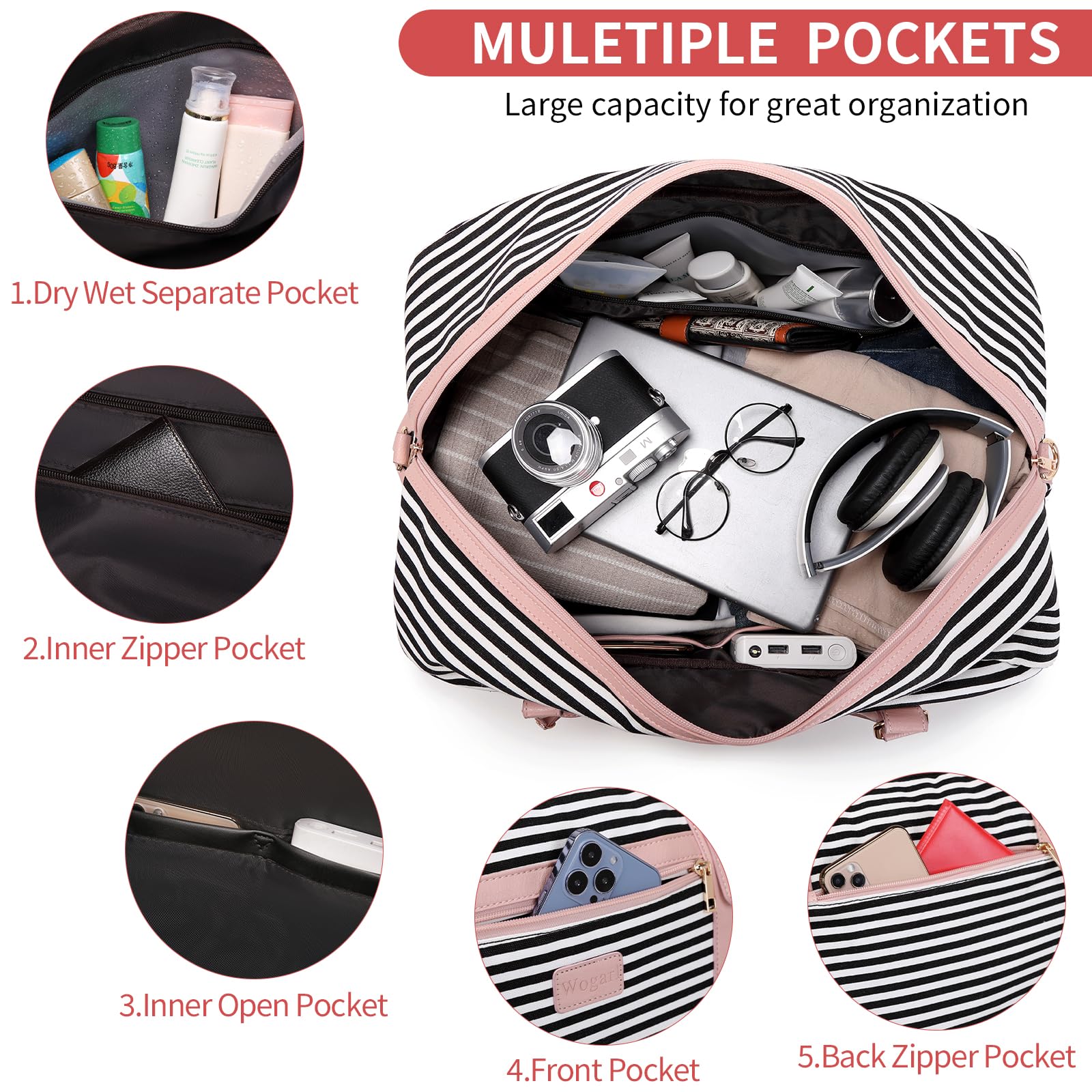 Wogarl 4PCS Weekender Bags for Women Large Overnight Weekend Travel Duffel Carry on Shoulder with Shoe Compartment Canvas Toiletry Bag for Travel Business Gym