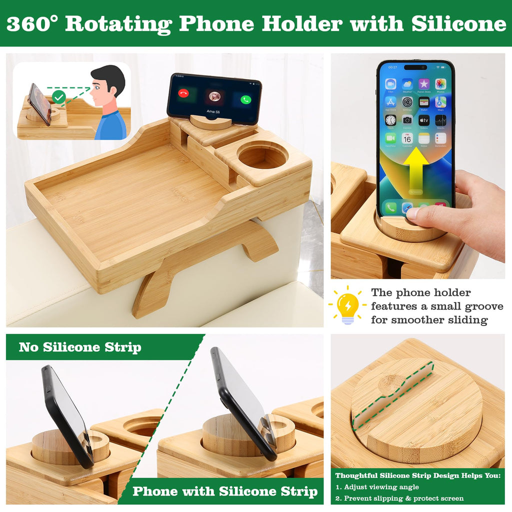 GHKINMAL Couch Cup Holder Tray, 15.4"x9.9" Large 4 in 1 Couch Arm Tray with 360°Rotated Phone Holder, Non-Slip Clip on Side Table for Drinks/Remote/Snacks, Ideal Gift for Husband, Wife, Parents