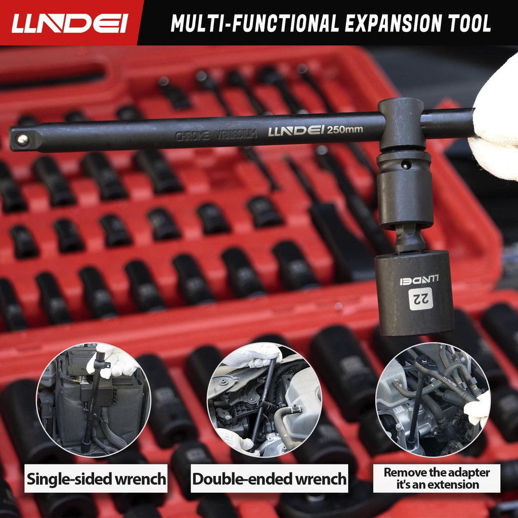 LLNDEI 1/2 inch Drive Deep Impact Socket Set, 37 Piece Standard SAE 3/8" to 1-1/4" | Metric 8 to 24mm, Includes Spark Plug Socket (16, 21mm), CR-MO Universal Joint, Extension Bars and Adapter