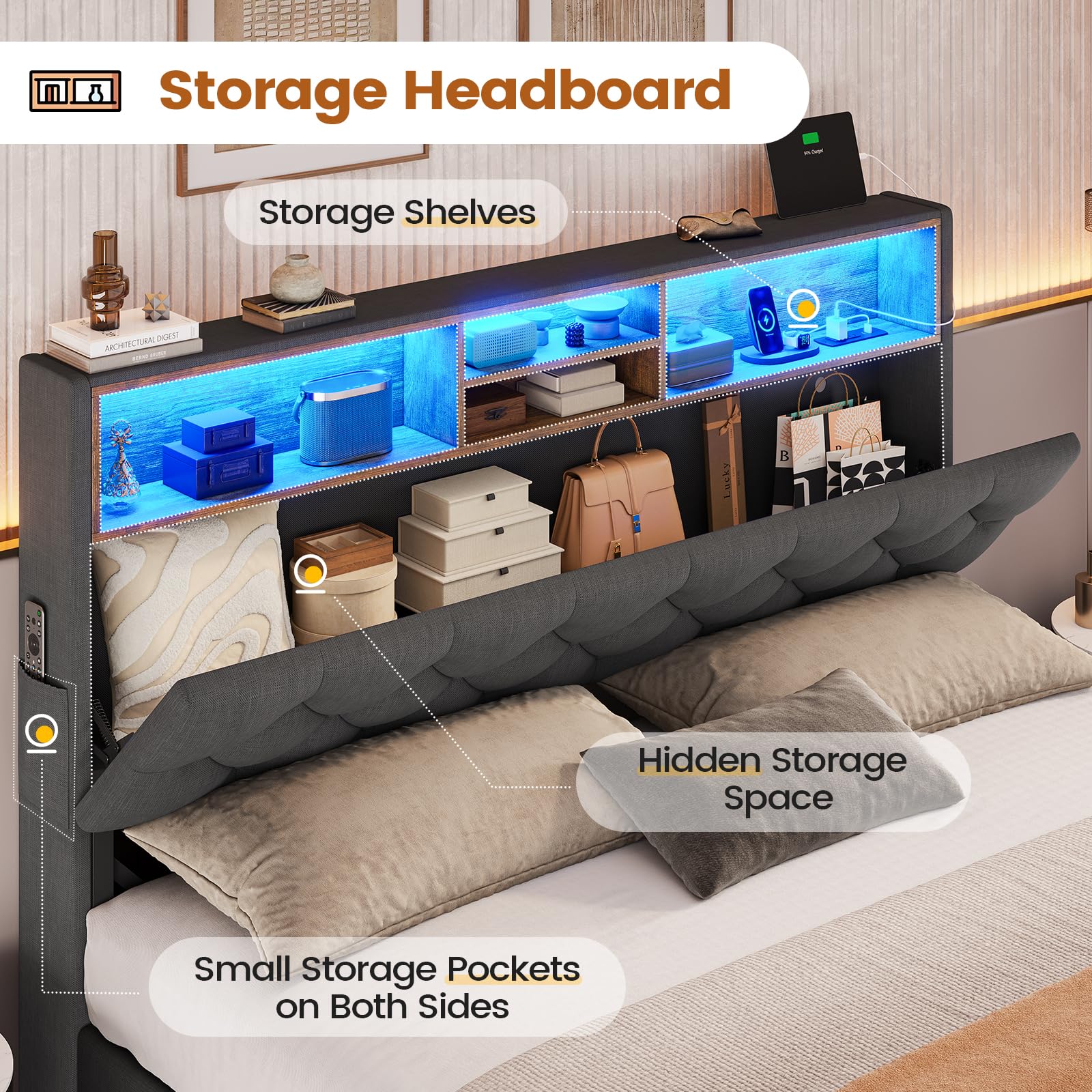 BTHFST Twin Bed Frames with Headboard & 4 Drawers, LED Bed Frame Twin with Charging Station, Upholstered and Metal Twin Bed with Storage, No Box Spring Needed, Black PU