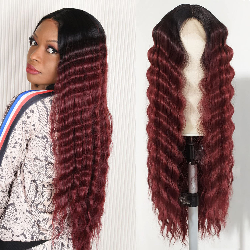 INSTASTYLE 30 Inch Synthetic Curly Wigs for Women Long Black Hair Wig Lace Front 4" Simulated Scalp Natural Loose Deep Wave Crimps Curls Wig As Hair Replacement Wigs 1B