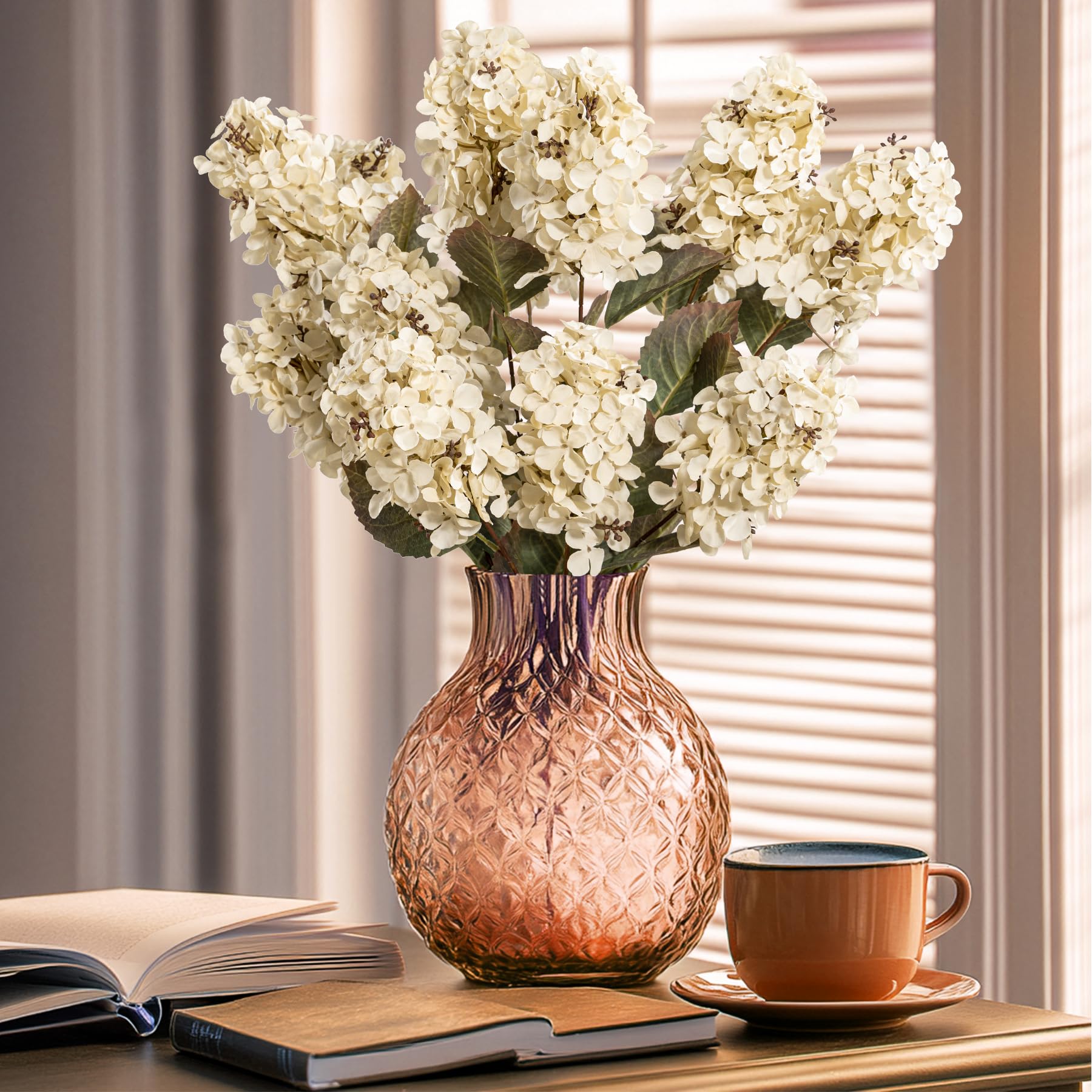 Ttranewsoo Hydrangea Artificial Flowers,Fall Hydrangeas Artificial Flowers,Blue Fake Fall Dried Hydrangea Flowers Decoration,Faux Silk Flower with Stems Winter Decor(Blue 24" 8pcs) Without Vase