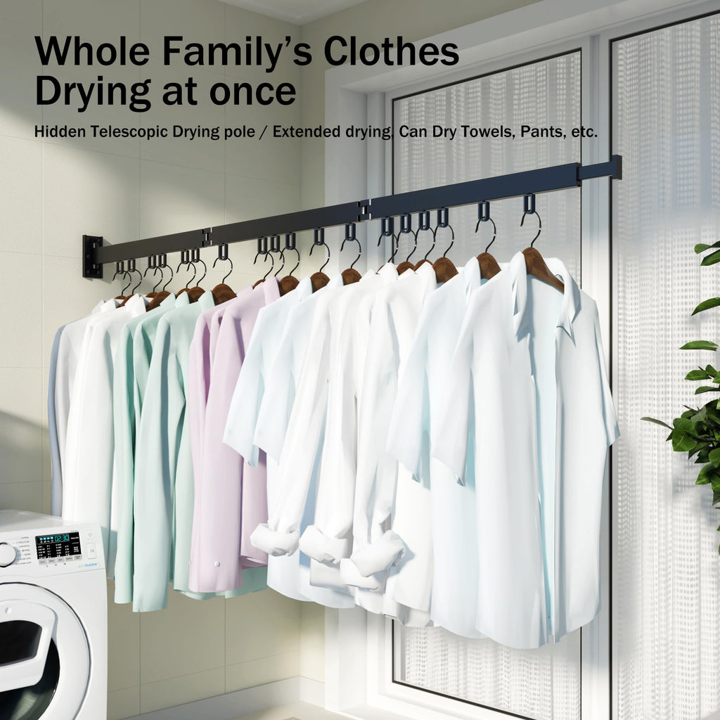 HEILAIYI Clothes Drying Rack for Laundry,Wall Mounted Clothes Hanger Rack,Folding,Retractable,Collapsible(J Shape Hooks)