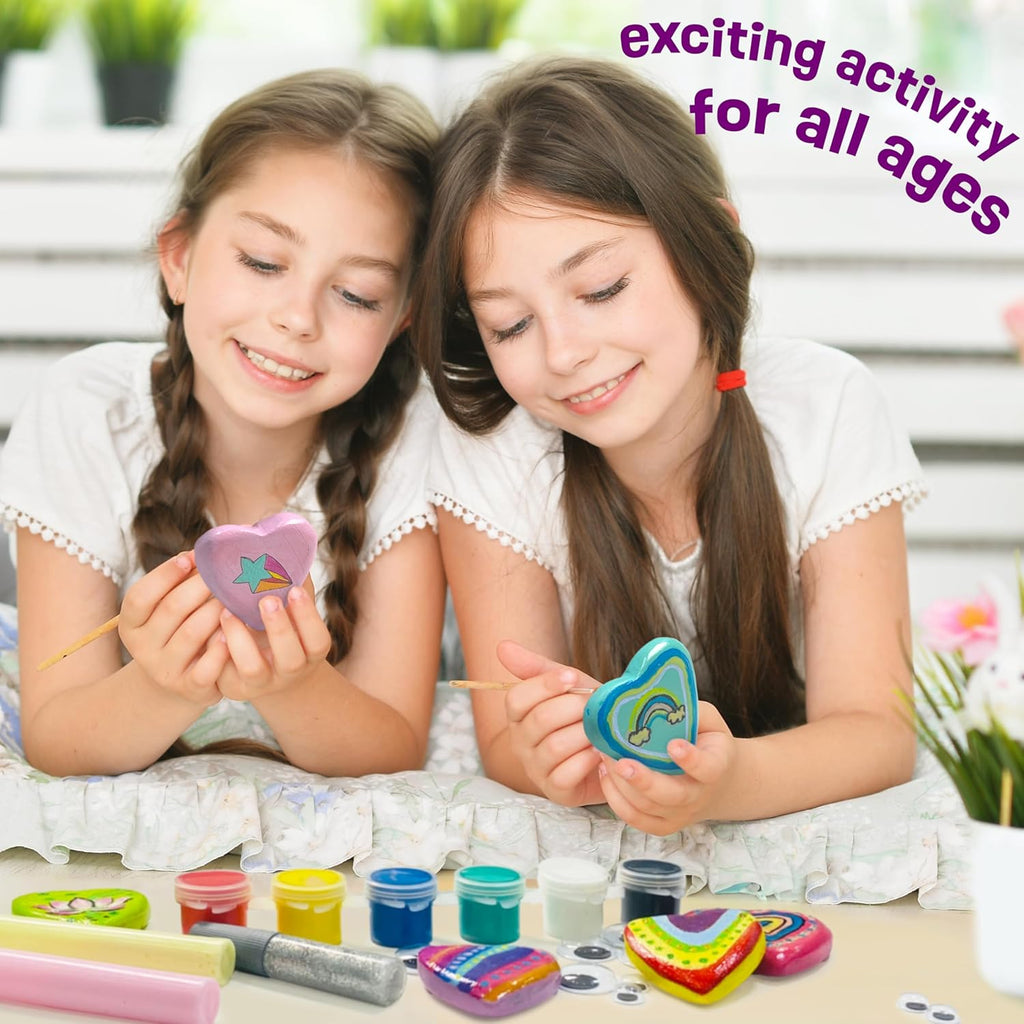 Hearts Rock Painting Kit for Kids Girls - Glow in Dark Art Supplies Ages 4-12 - Complete STEM Craft Set with Puffy Paint Stickers Gems Paints - Educational Birthday Easter Gifts Art Toys for Girl