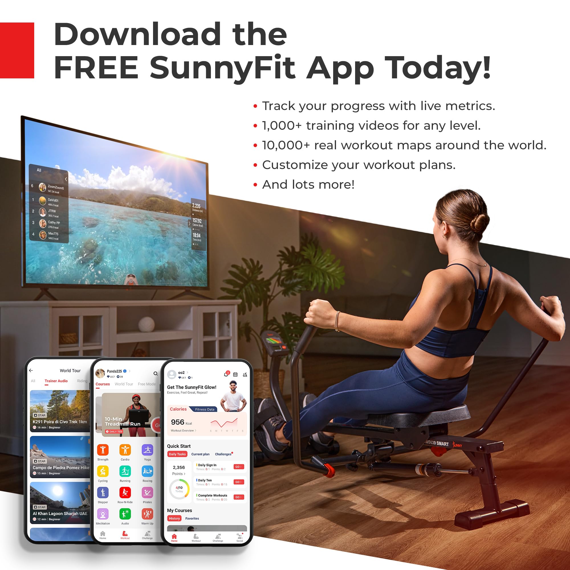 Sunny Health & Fitness Magnetic Rowing Machine for Home Exercise, Quiet & Smooth Rower with Compact Storage and Optional Free SunnyFit App Connectivity