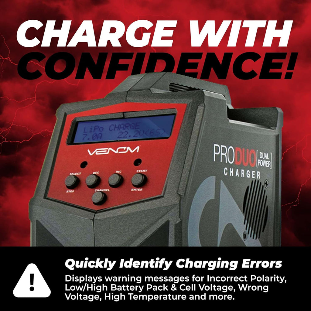 Venom Power Pro Duo LiPo Battery Charger - LCD Screen, Charging Leads - Balance Charger & Discharger for LiPo, LiHV, Li-Ion, Life, NiMH, NiCD, Pb Batteries - Power Supply for 1S- 6S, Drone & RC Cars
