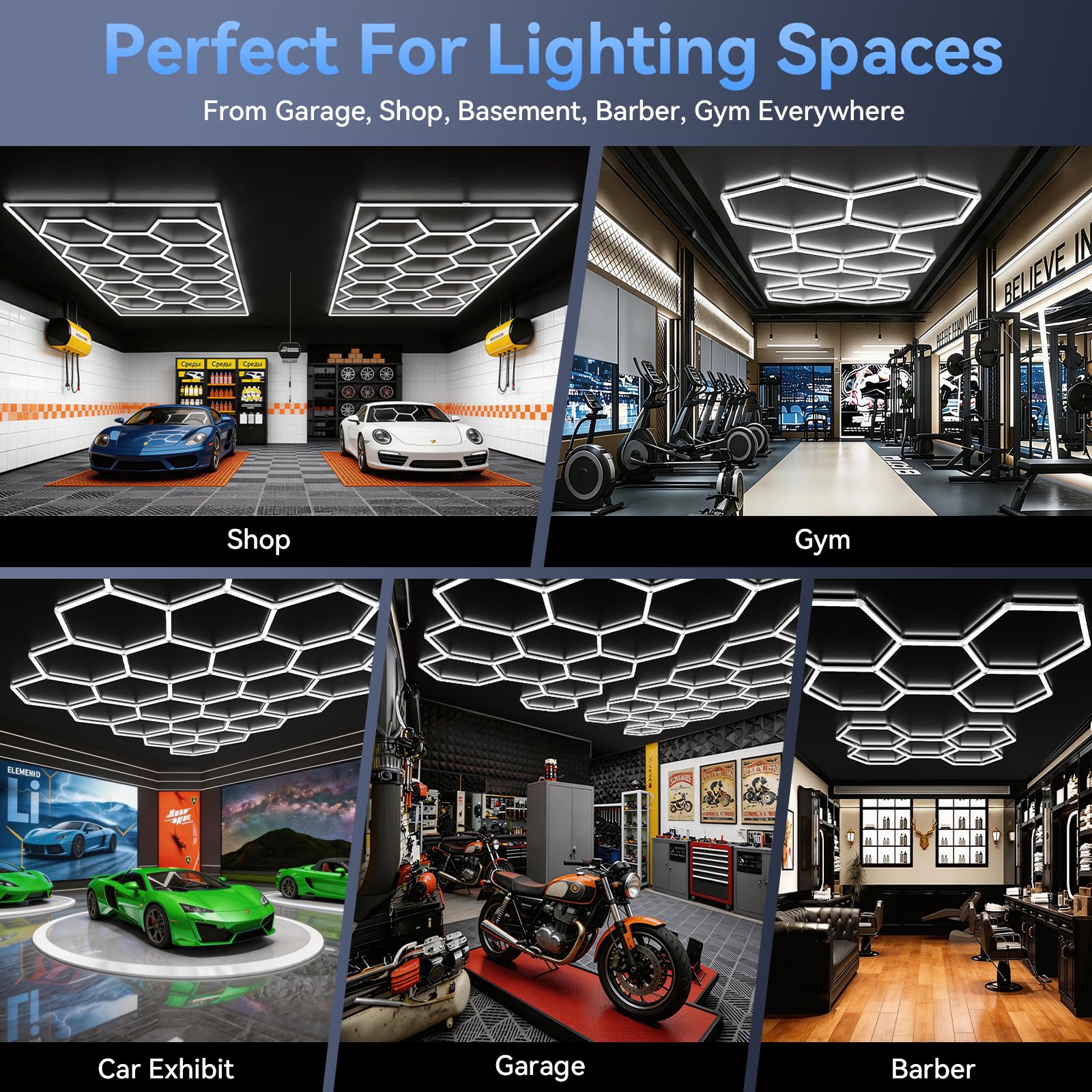 LZHOME LED Hexagon Garage Light: 12700LM Car Detailing Shop Light, DIY Splicing Ceiling & Wall Decor Lights, for Workshop Basement Gym Warehouse Bar Gaming Room