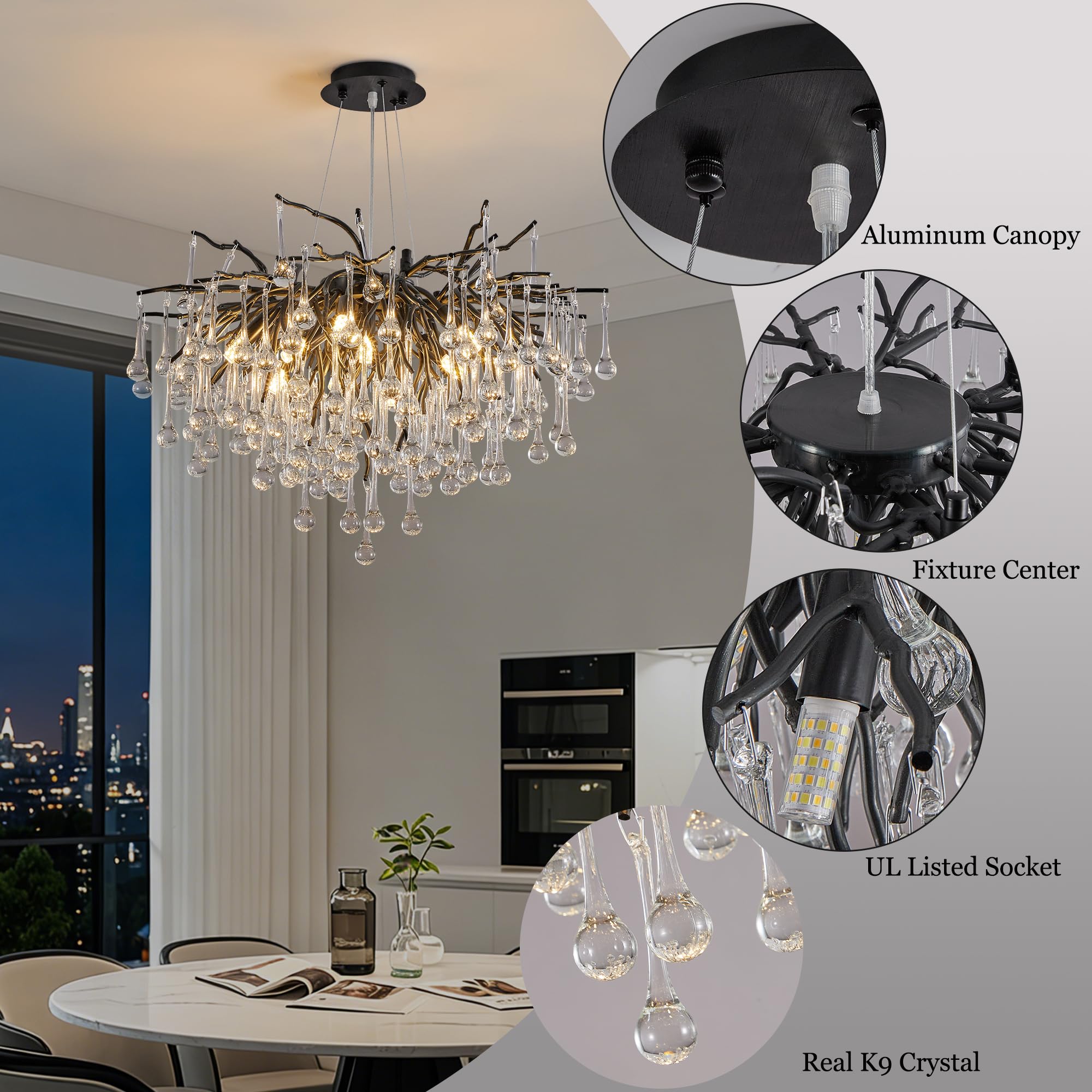 Modern Crystal Raindrop Chandelier, L40'' Black Linear Rectangle Art Deco Tree Branch Lighting Fixture for Kitchen Island Living Room Foyer Staircase 10 Lights