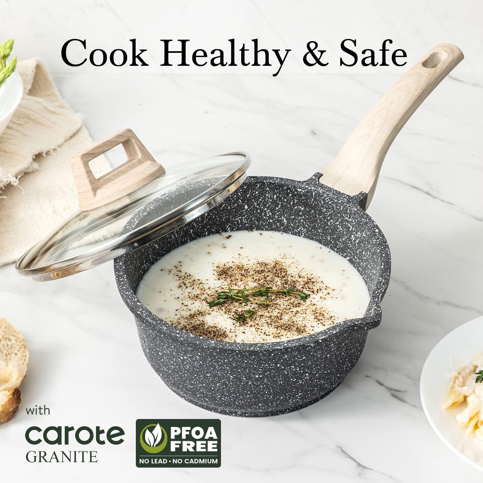 CAROTE 1.5Qt & 3.0Qt Sauce Pan Sets with Lid Cooking Pots Nonstick Saucepans Cookware Set with Pour Spout Small Kitchen Pot, Induction Comptable, Easy to Clean, PFOA FREE (Classic Granite)