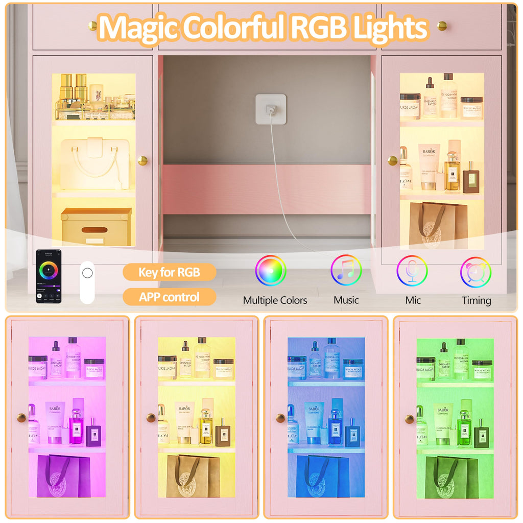 HUANLEGO Vanity Desk with Mirror and Lights, Makeup Vanity with Mirror and LED Lights & Power Outlet, 3 Drawers and Cabinets, 3 Lighting Modes Dressing Table Set for Girls Women Bedroom,Oak