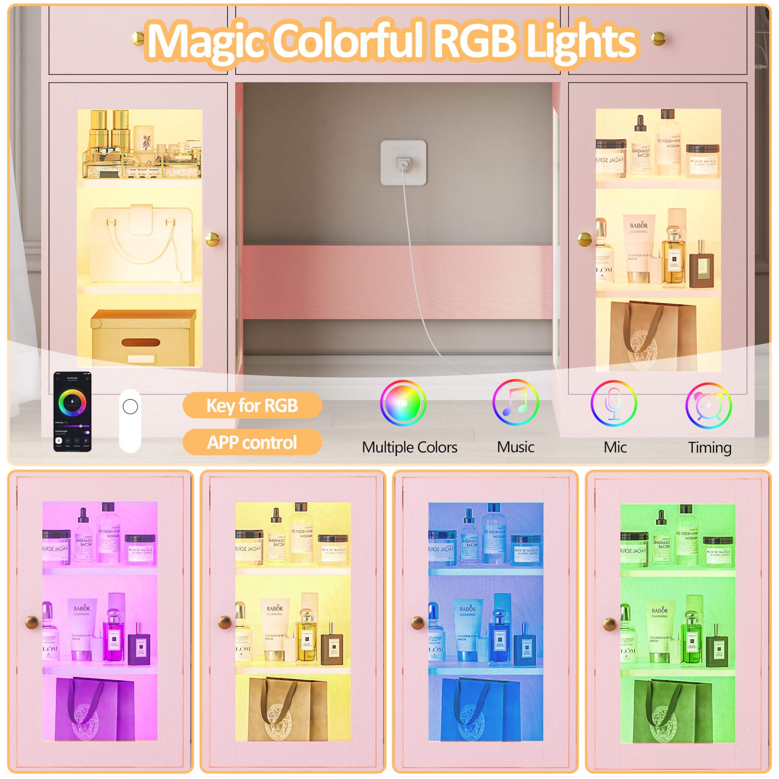 HUANLEGO Vanity Desk with Mirror and Lights, Makeup Vanity with Mirror and LED Lights & Power Outlet, 3 Drawers and Cabinets, 3 Lighting Modes Dressing Table Set for Girls Women Bedroom,Oak