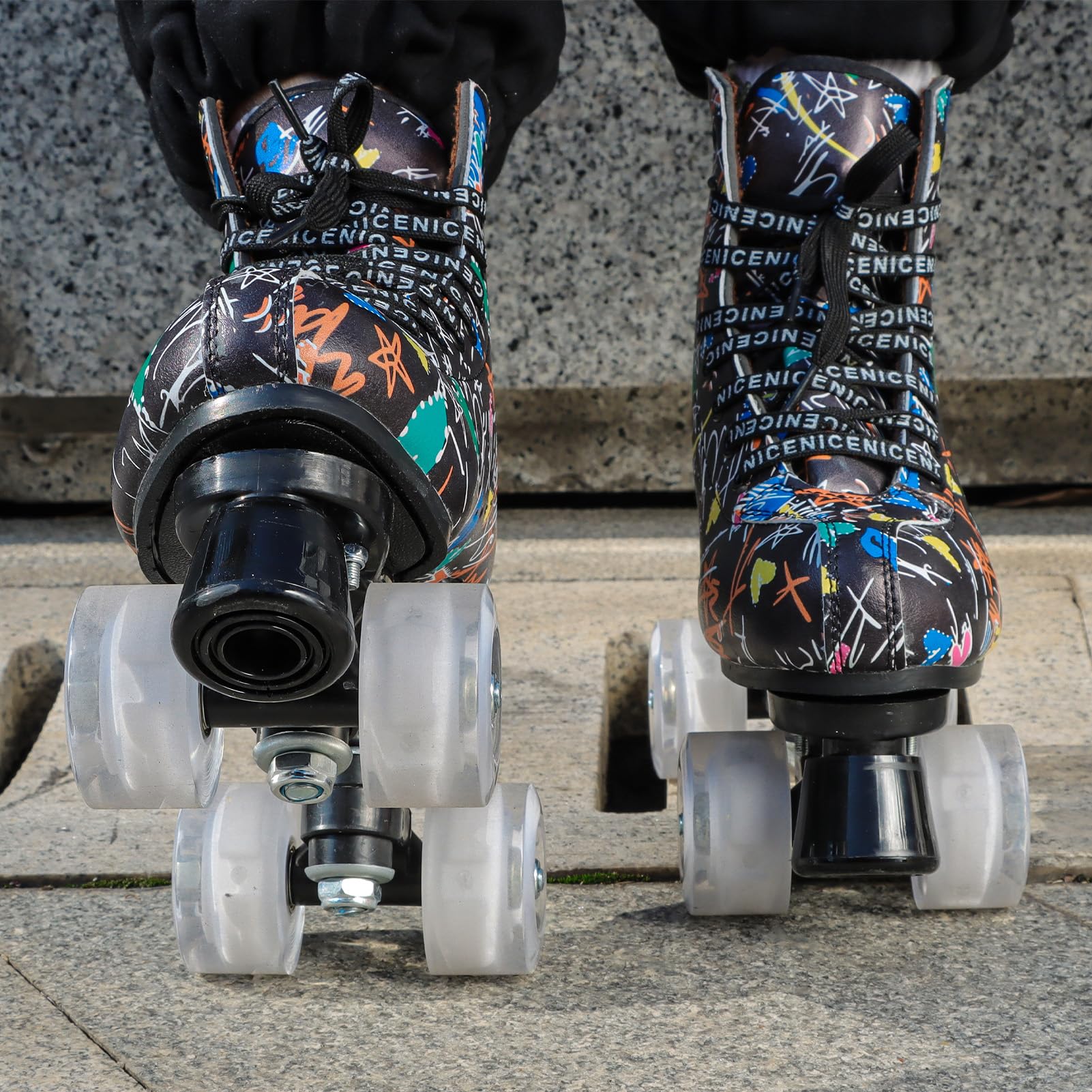 Roller Skates for Men and Women, Black Derby Roller Skates with 4 Shiny Wheel, Classic Double-Row Roller Skates for Indoor and Outdoor
