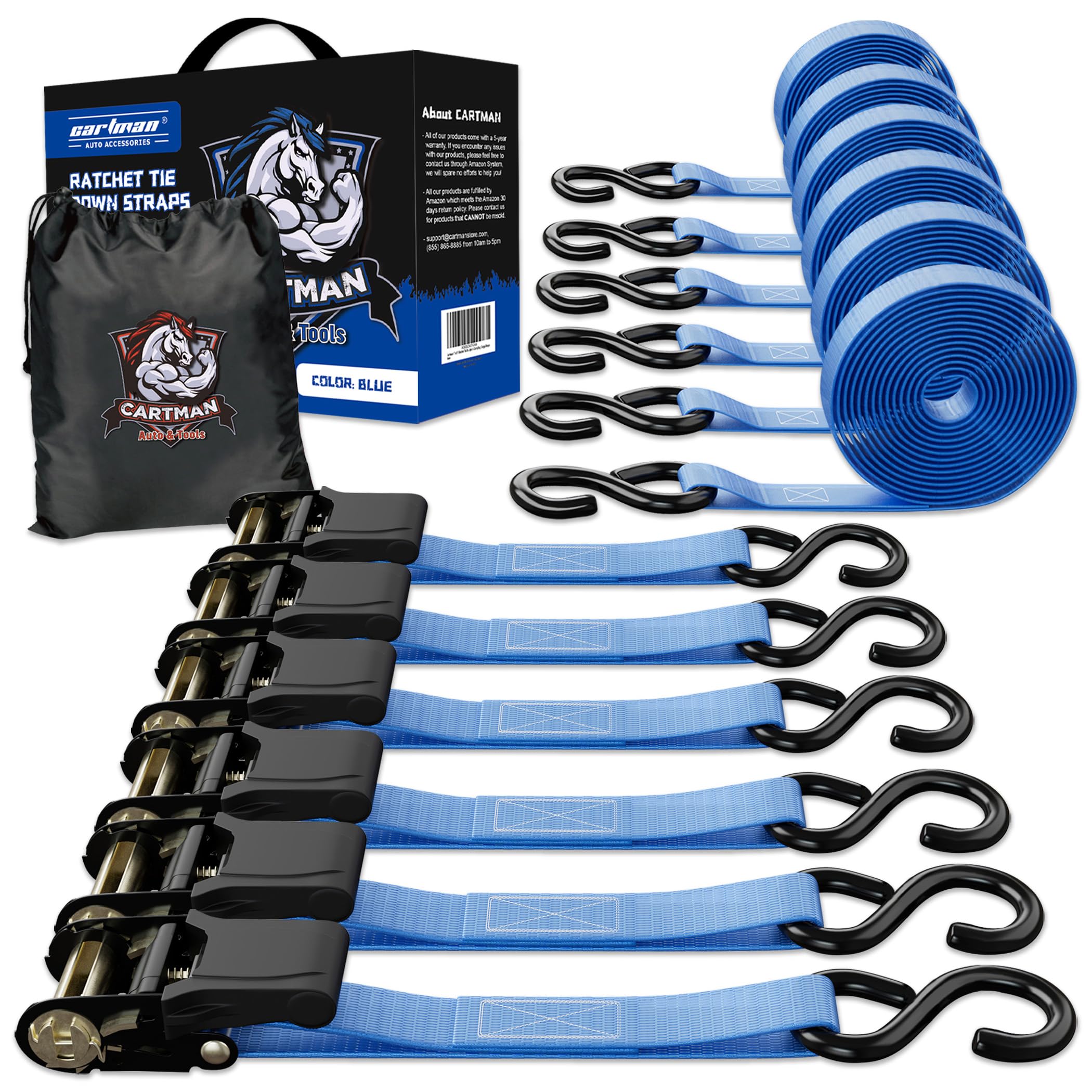 Cartman Ratchet Tie Down, 4Pk 15Ft, 500Lbs Load Cap/ 1500Lbs Break Strength, Cargo Straps for Moving Appliances, Lawn Equipment, Motorcycle in a Truck, with Carry Bag