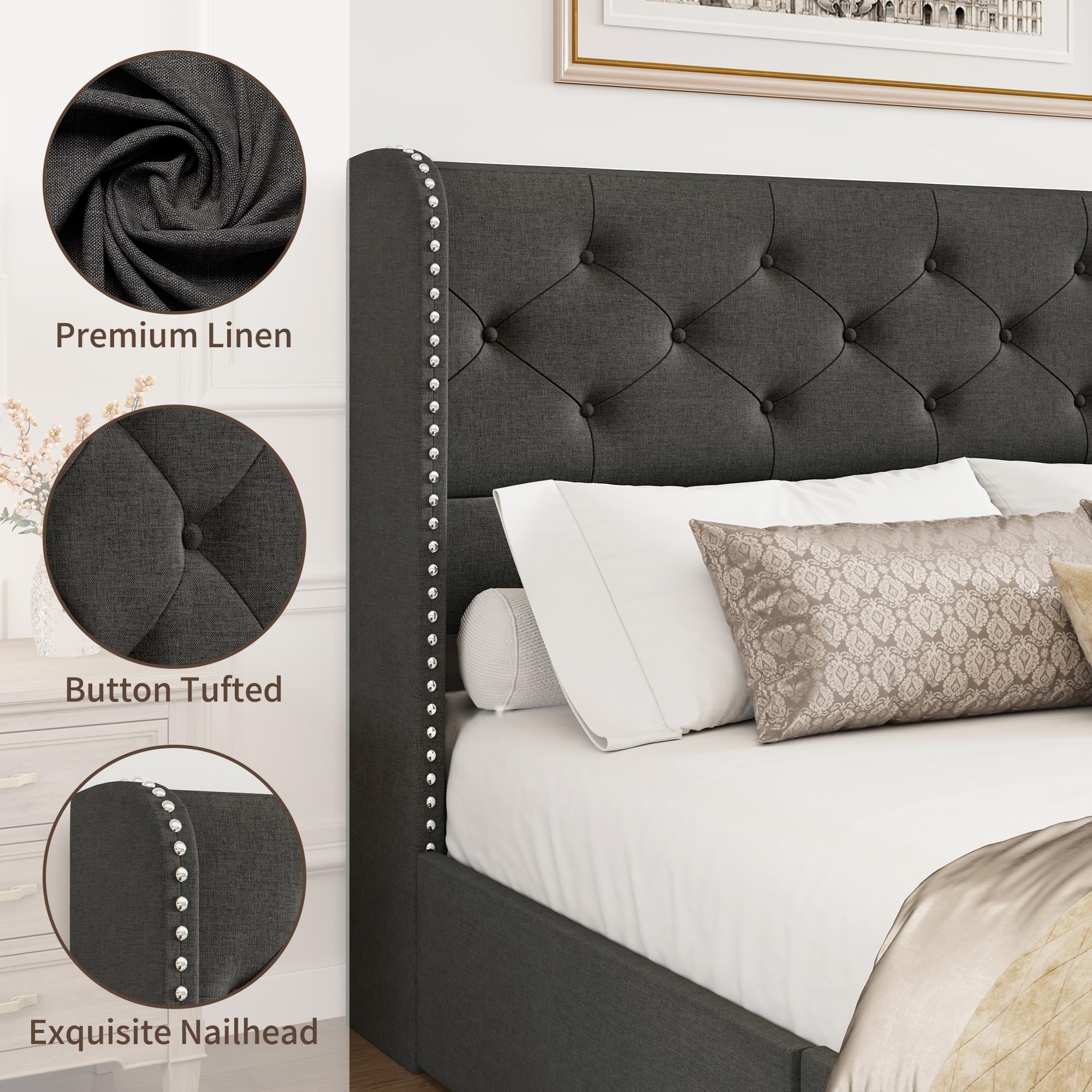 BRELTAM Full Size Bed Frame with Storage Drawers and Wingback Headboard Linen Upholstered Platform Bed Frame Tufted Beds with Heavy Duty Wood Slats, Noise Free, Easy Assembly, Beige