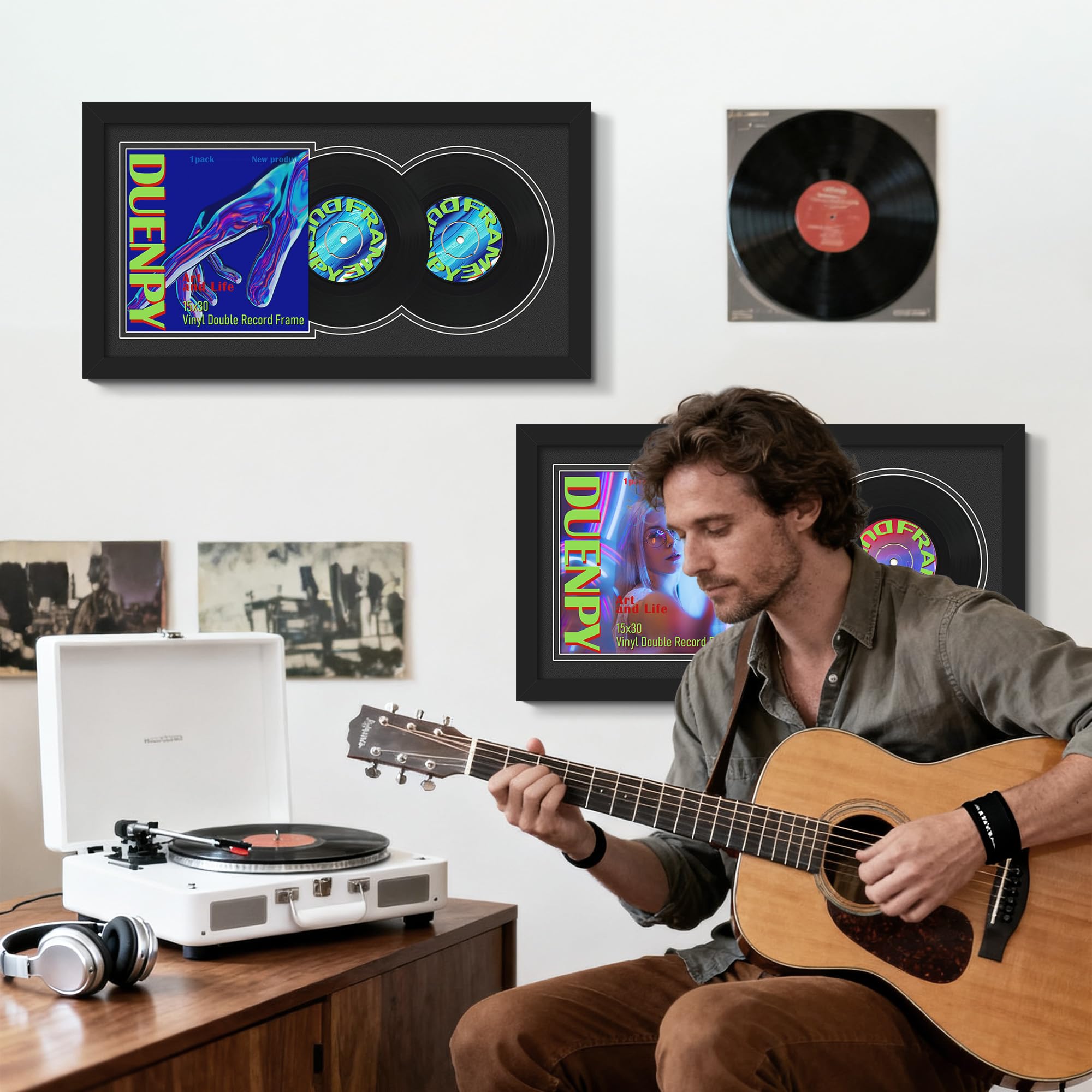 DUENPY Vinyl Record Display Frame 16x22 Inches Display Record Album and 12.5x12.5 Album Cover Art（Black Bottom Mat） Wall Mount
