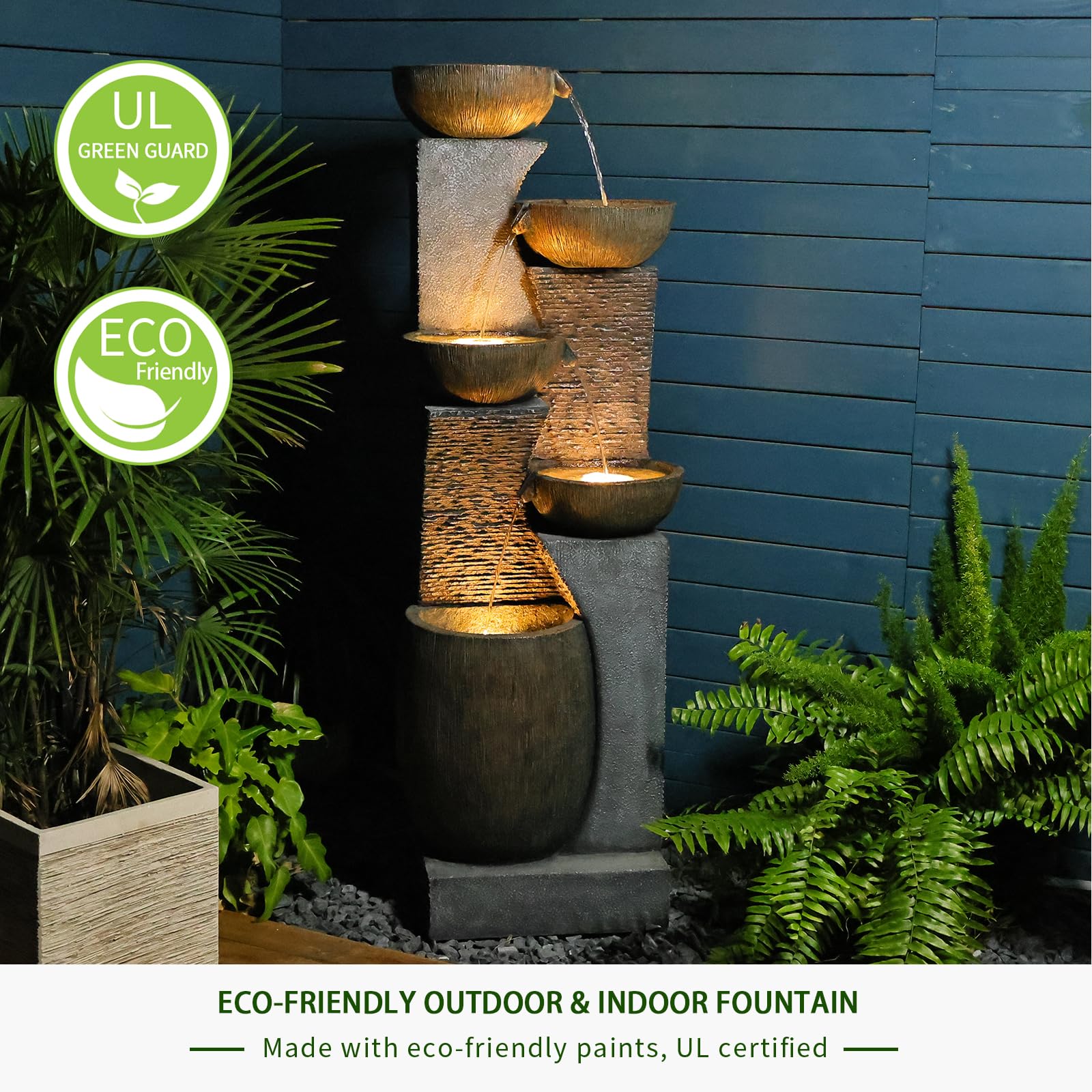 Bumilgar 2-Tier Bowl Water Fountain with LED Lights, 27.95" Tall Freestanding Outdoor & Indoor Garden Waterfall Fountain for Yard, Patio, Backyard, Floor Standing Home Decor