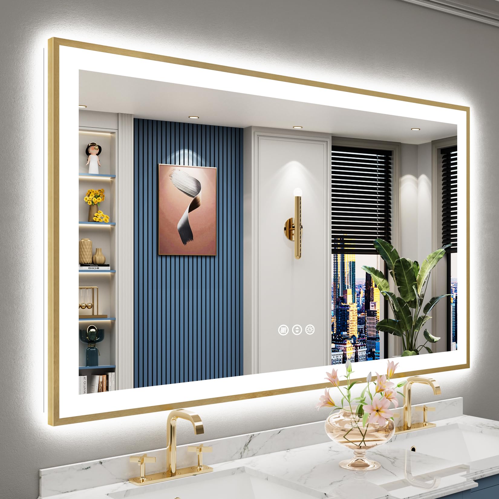 24x36 Gold Beveled LED Bathroom Mirror with Lights, Brushed Gold Framed Backlit and Front Lit Anti-Fog Lighted Vanity Mirrors for Bathroom Wall, Dimmable, 3 Colors, Memory, HD Tempered Glass