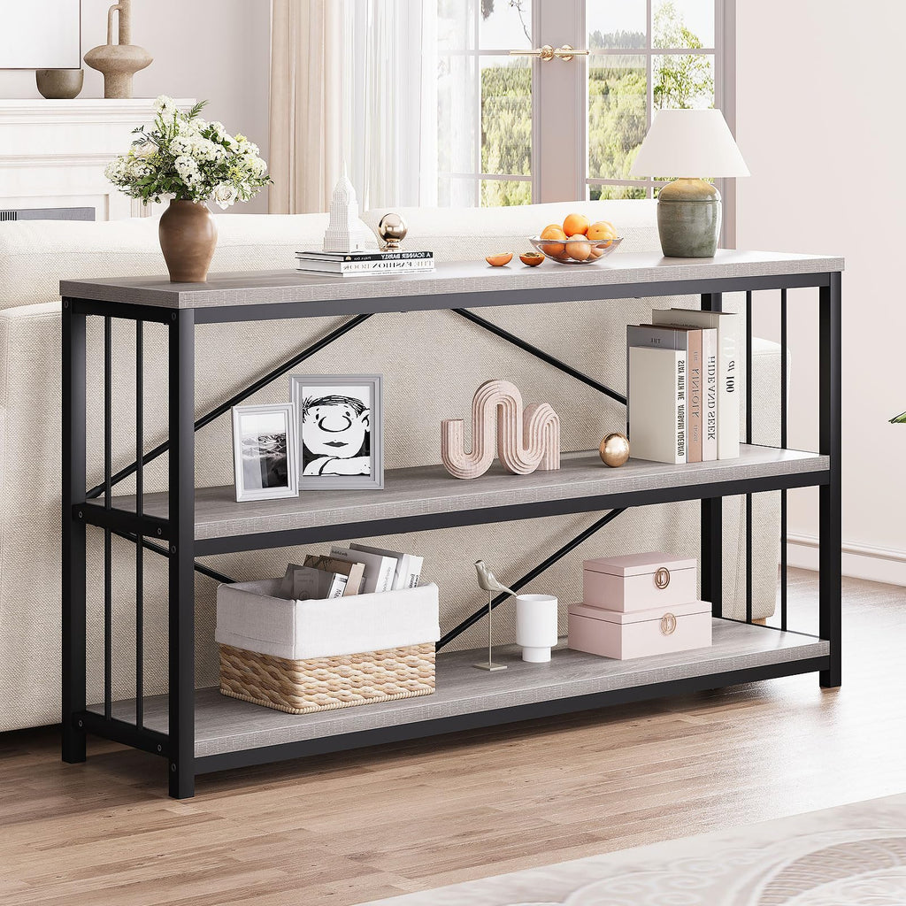 LVB Black Console Table, Modern Entryway Table for Hallway Living Room, Industrial Sofa Table Behind Couch, Farmhouse Wooden Metal Entry Table for Foyer with 3-Tier Storage Shelves, Black Oak, 55 Inch