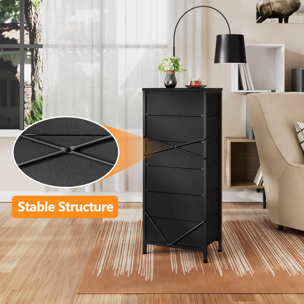 Furnulem Tall Dresser with 6 Drawers,Vertical Bedside End Table & Chest for Bedroom,Black Storage Tower Dorm Nightstand with Fabric Drawer Organizer Unit Furniture in Living Room,Closet,Hallyway