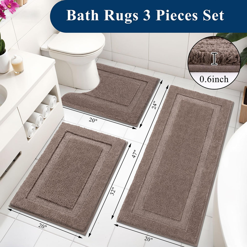 SHACOS Black Bathroom Rugs Sets 3 Piece, 16"x24" + 20"x32" Non Slip Bath Mat and 20"x24" Toilet Rugs U Shaped Washable, Soft Fluffy Water Absorbent Bath Rugs for Bathroom