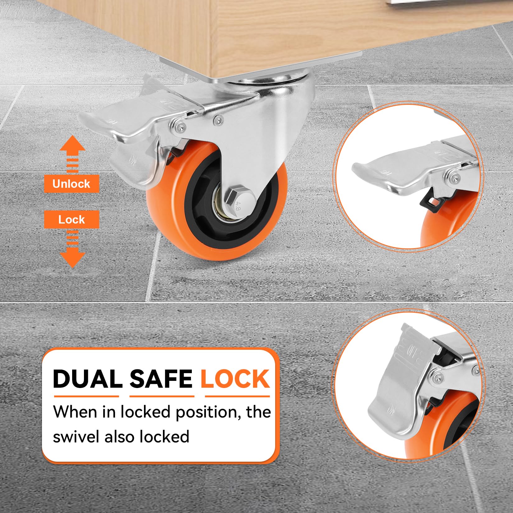 W B D WEIBIDA 2" Plate Caster Wheels Heavy Duty 600 Lbs Load Capacity Swivel Casters with Brake Set of 4, Safety Dual Locking, No Noise Wheels for Furniture, Carts (Screws and Screwdriver)