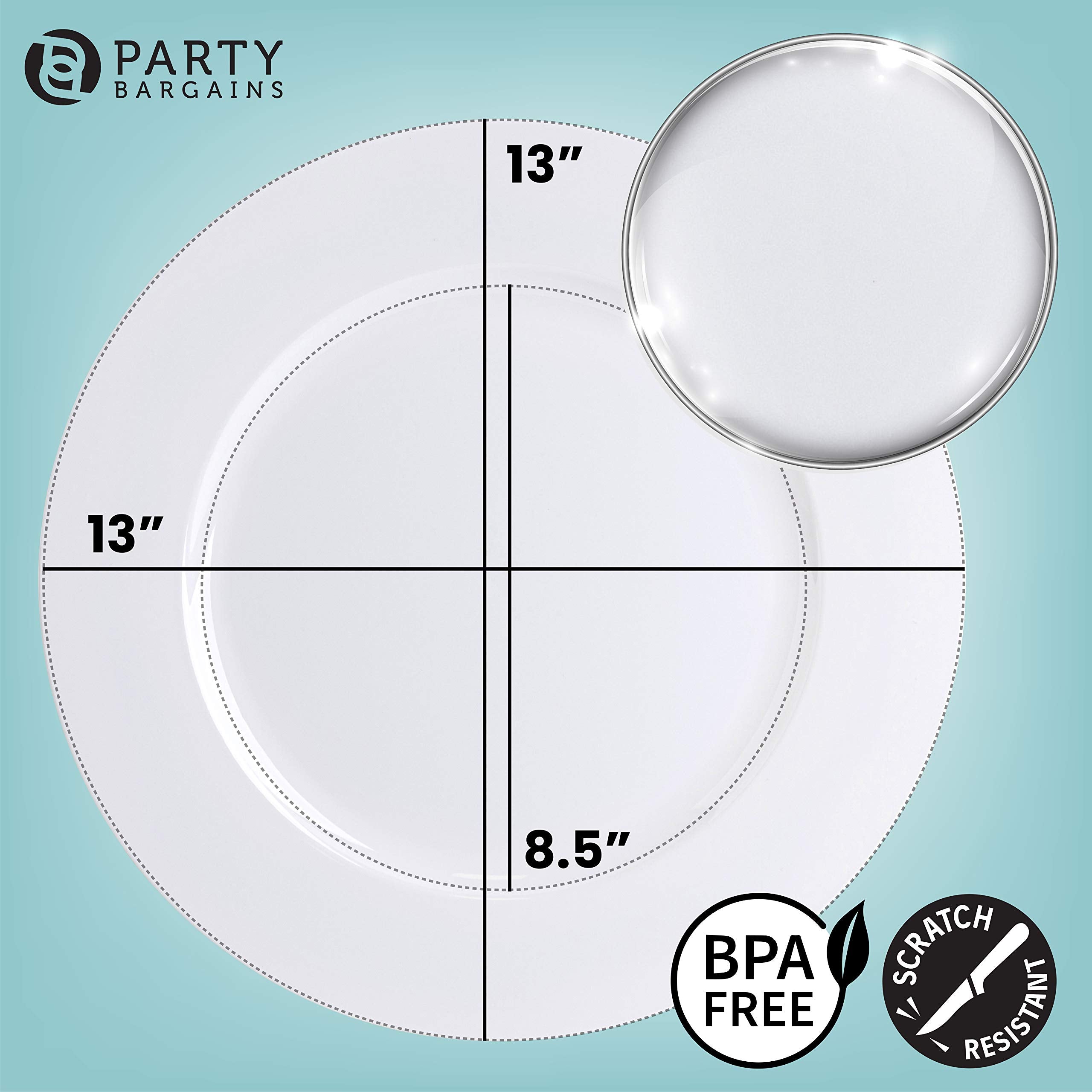 PARTY BARGAINS 13-Inch Charger Plates - 96 Pack, Clear Gold Rim, Heavy-Duty Disposable Chargers for Elegant Dining - Ideal for Weddings and Formal Events