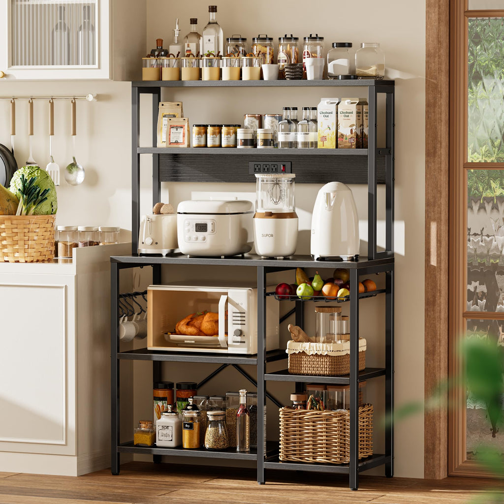 SUPERJARE Bakers Rack with Power Outlet, 35.4 Inches Coffee Bar with Wire Basket, Kitchen Microwave Stand with 6 S-Shaped Hooks, Open Storage Shelves, Black