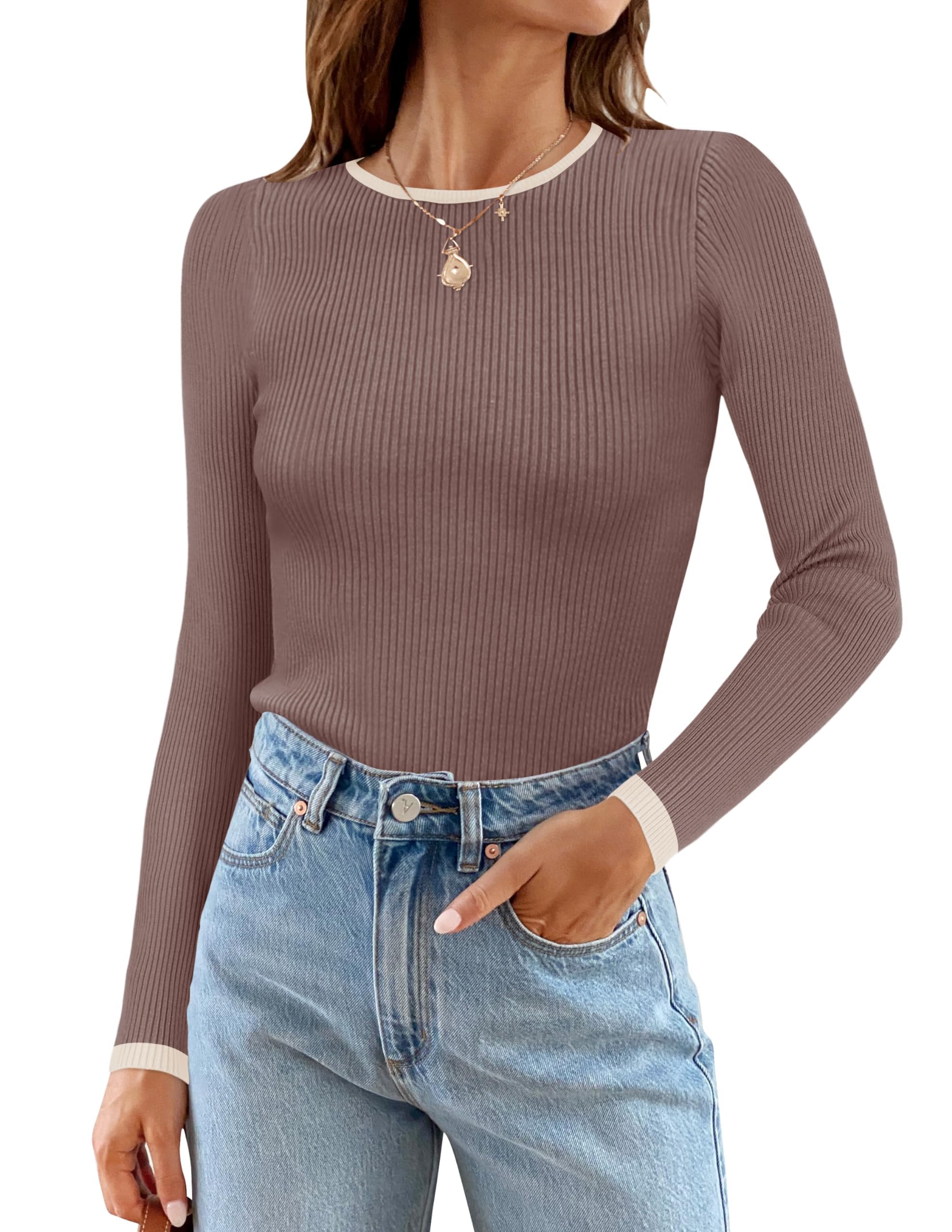 ZESICA Women's Long Sleeve Crewneck Shirts 2026 Spring Ribbed Knit Sweater Slim Fitted Casual Basic Tee Tops