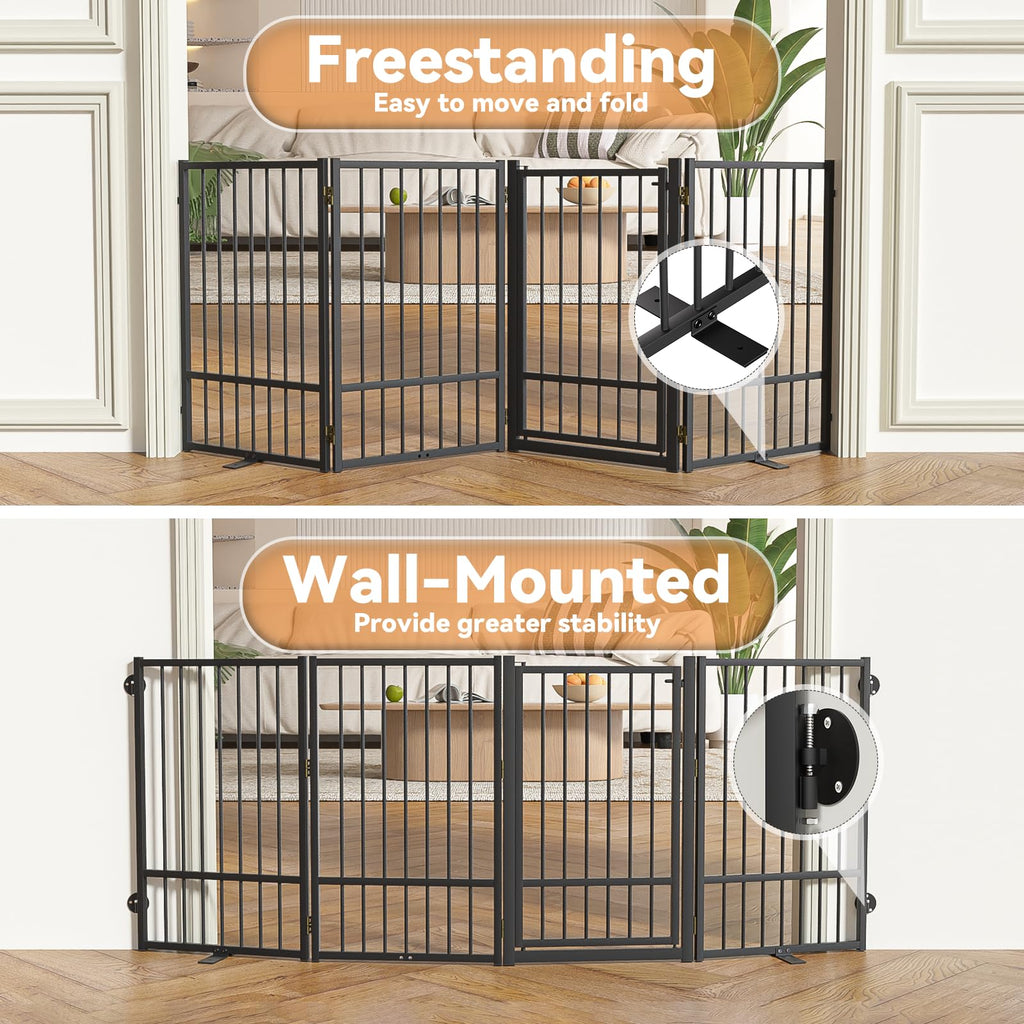 SNUOWU Full Metal Freestanding Dog Gate with Door, 24'' Height Foldable Pet Dog Fence for Indoor & Outdoor, 2 Panels Extra Wide Free Standing SmallDog Gates for Doorways,House,Stairs,Porch,Deck,Yard