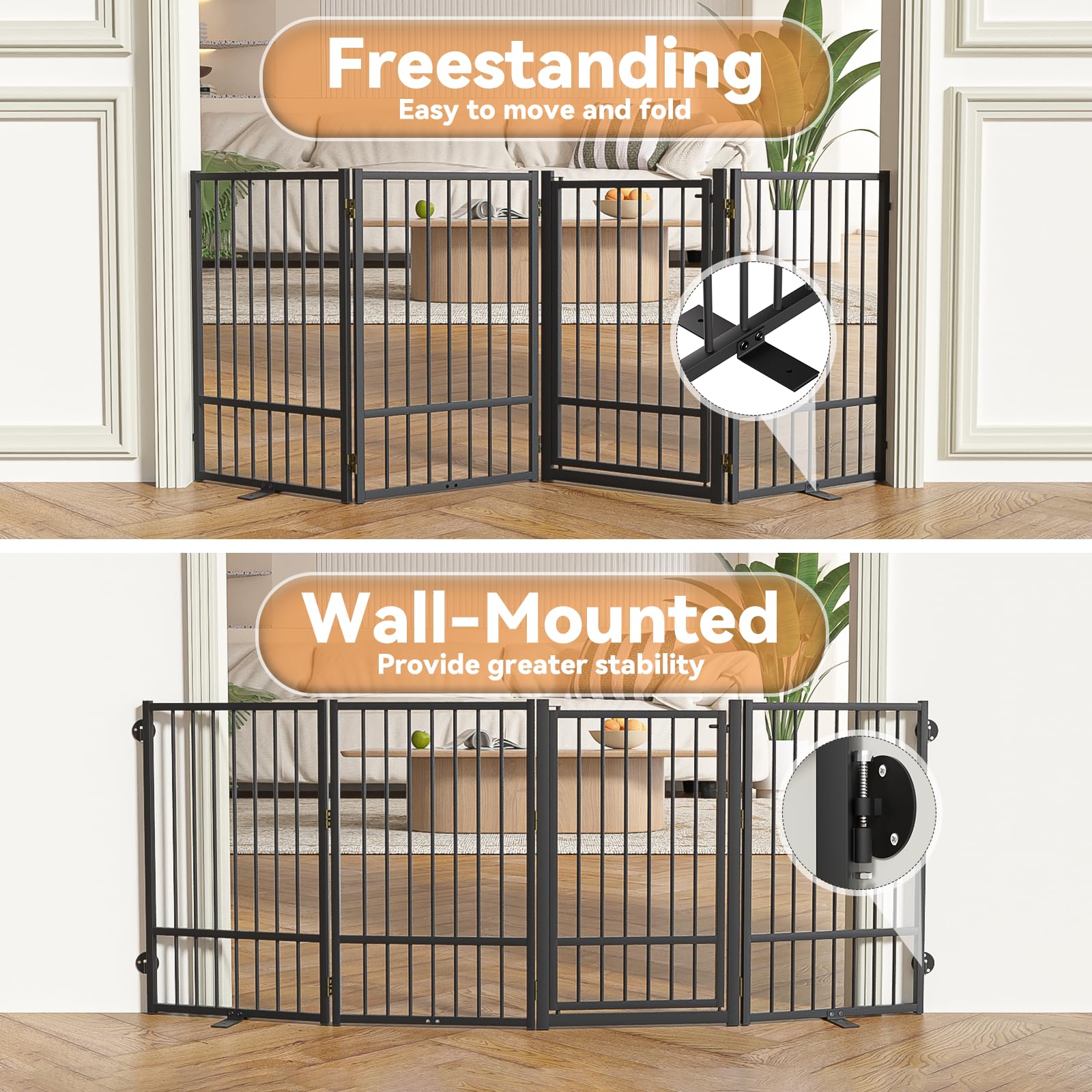 SNUOWU Full Metal Freestanding Dog Gate with Door, 24'' Height Foldable Pet Dog Fence for Indoor & Outdoor, 2 Panels Extra Wide Free Standing SmallDog Gates for Doorways,House,Stairs,Porch,Deck,Yard