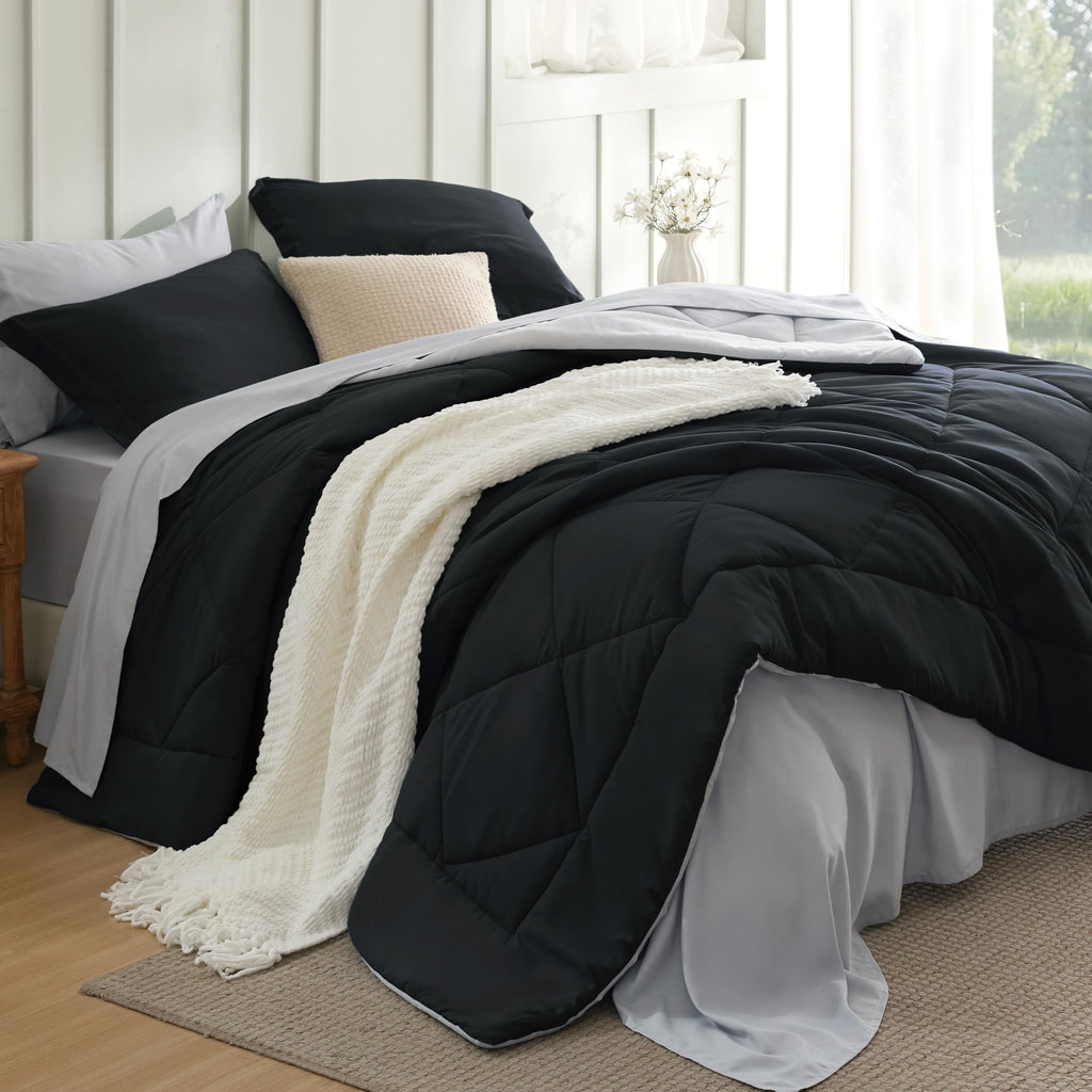 Bedsure Twin Comforter Set - 5 Pieces Reversible Grey Bedding, Twin Size Bed Set for All Seasons, Bed in a Bag with Down Alternative Comforter, Sheets, Pillowcase & Sham