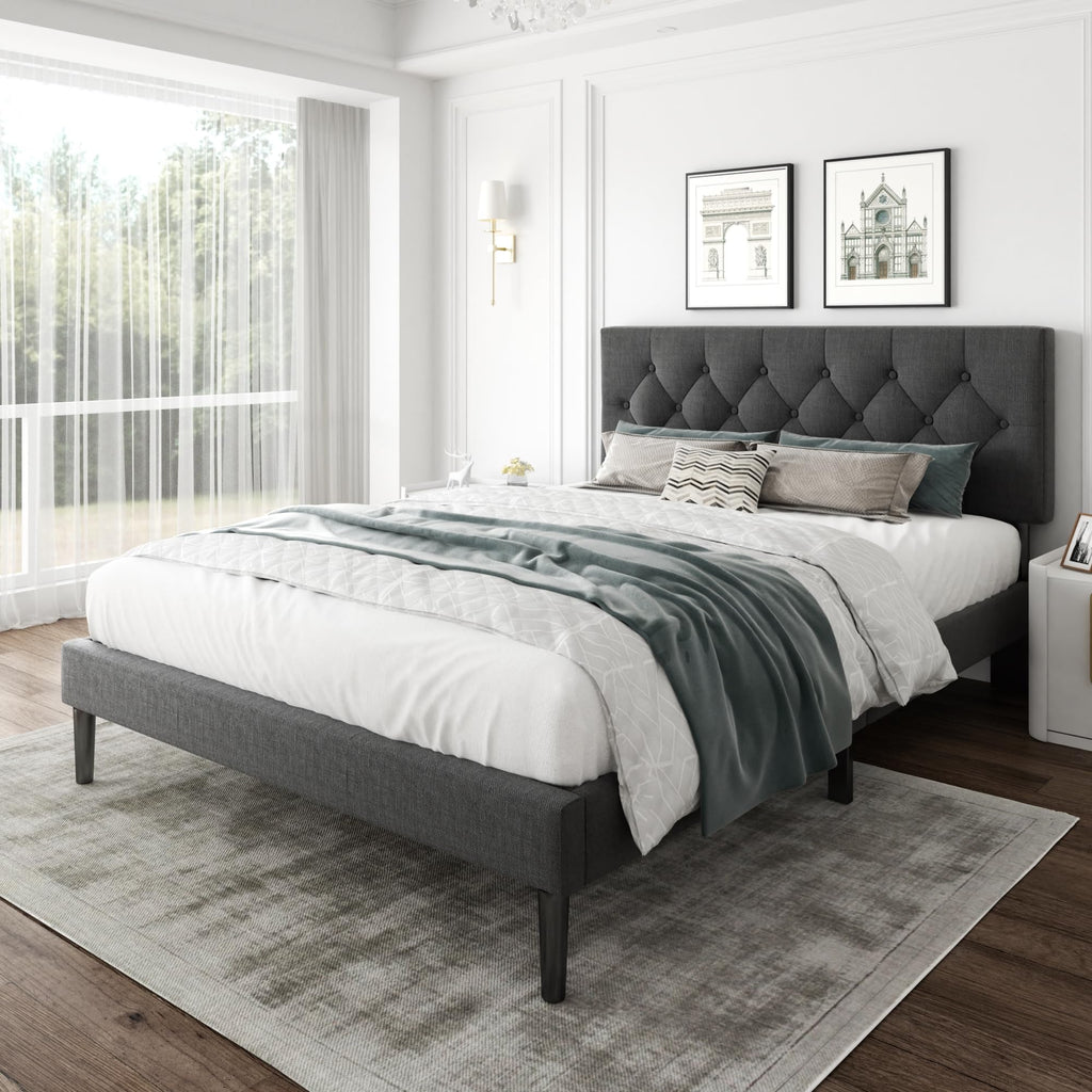 CXVX Full Size Platform Bed Frame with Upholstered Headboard, Button Tufted Design, Strong Wooden Slats, No Box Spring Needed, Easy Assembly, Noise Free