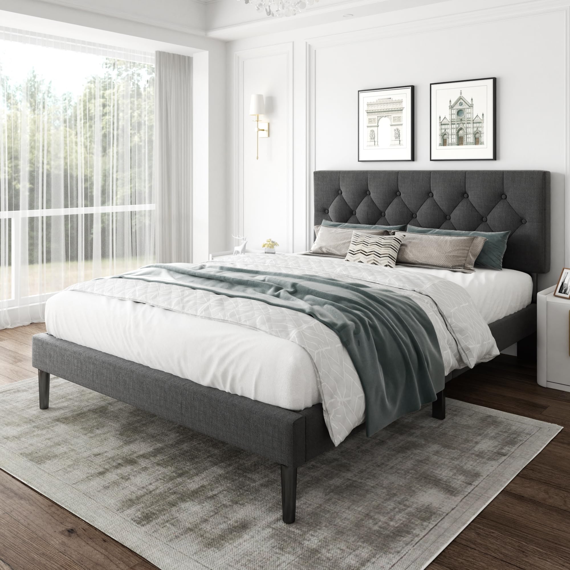 CXVX Full Size Platform Bed Frame with Upholstered Headboard, Button Tufted Design, Strong Wooden Slats, No Box Spring Needed, Easy Assembly, Noise Free